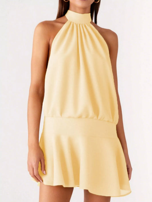 Backless Halter Neck Gathered Waist Dress