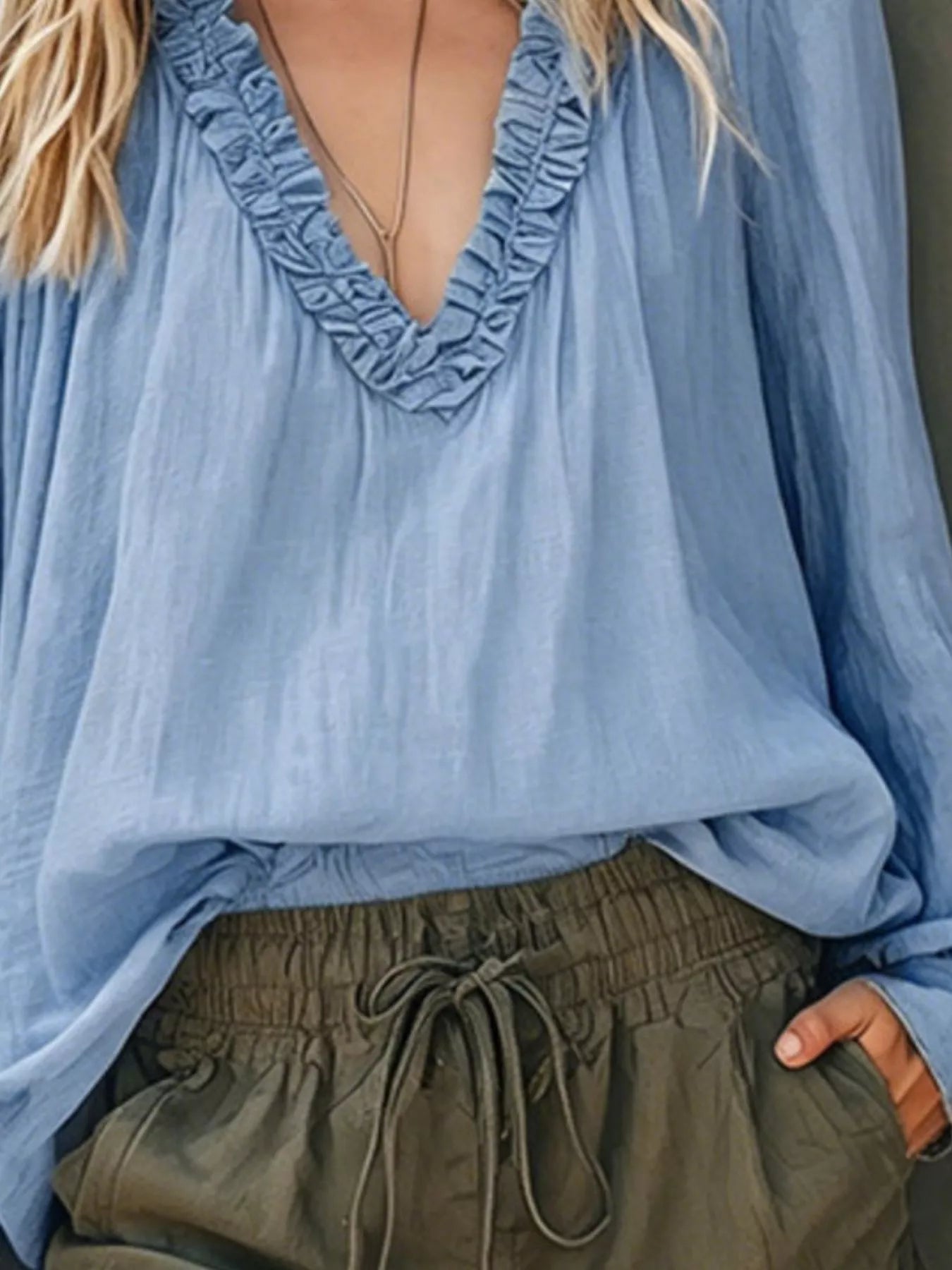 Frill V-Neck Long Sleeve Blouse