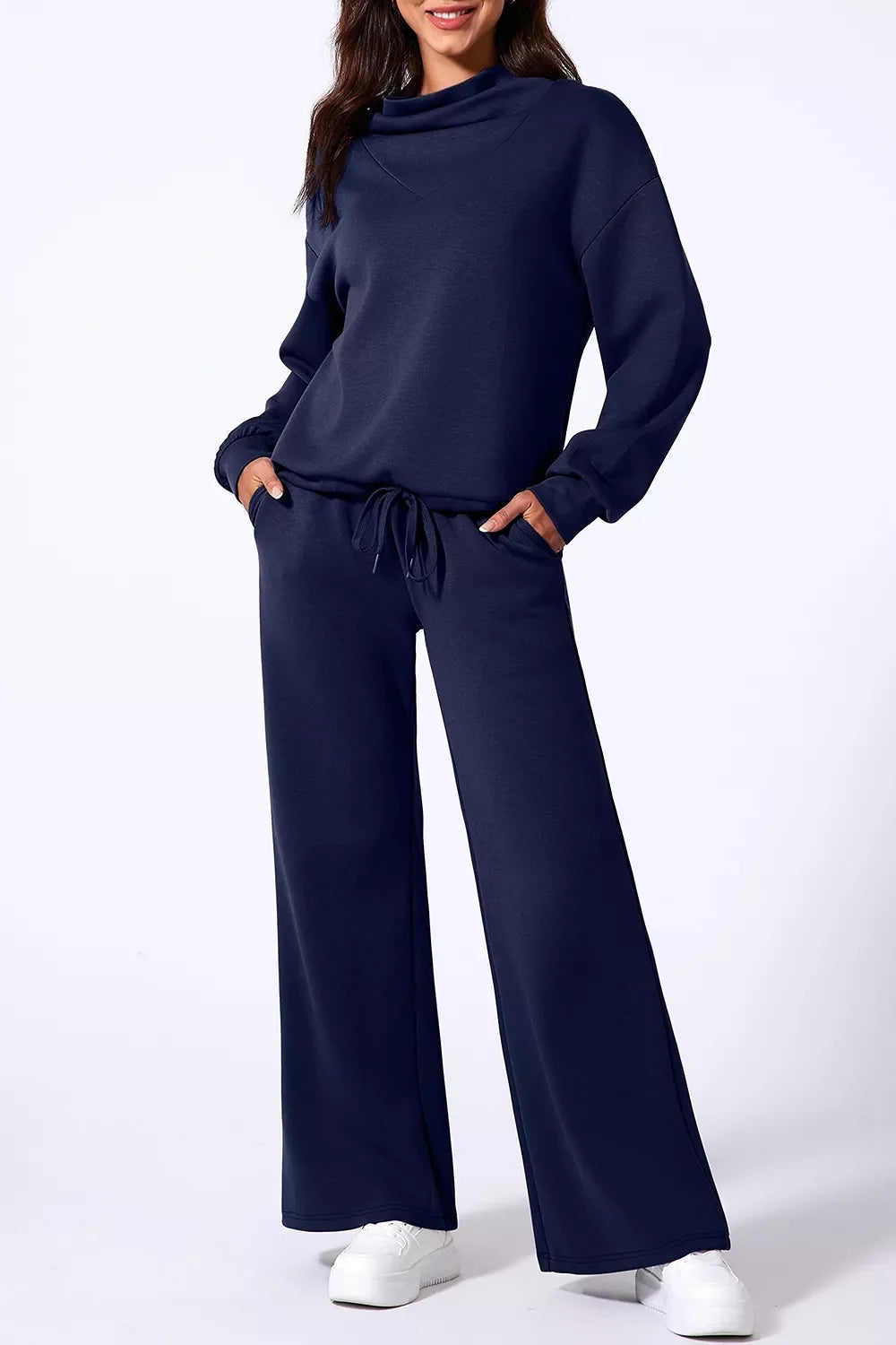 Solid Color Cowl Neck Drawstring Pullover Wide Leg Athleisure Pants Set