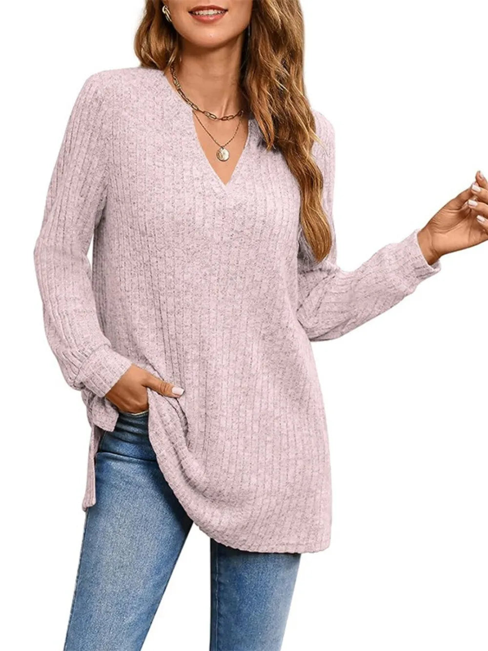Ribbed Notched Long Sleeve T-Shirt