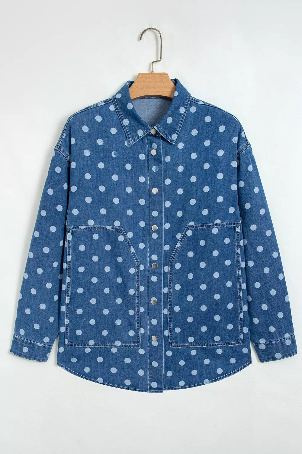 Polka Dot Long Sleeve Collar Shift Tunic Denim Jacket