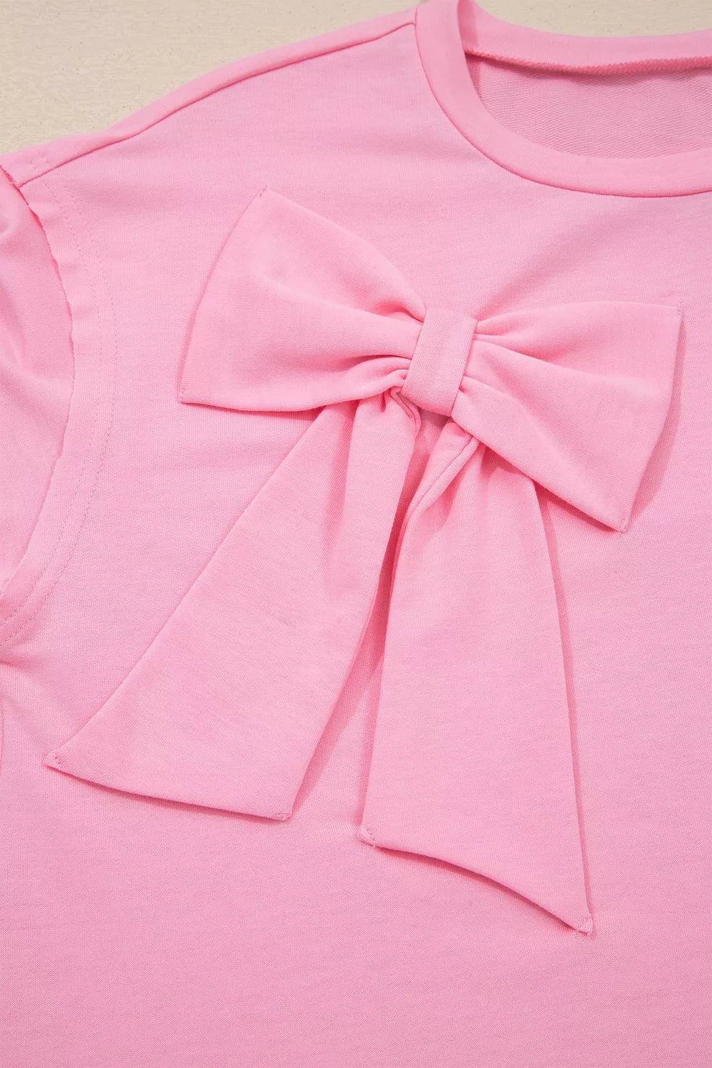 Solid Color Raw Edge Bow Patch Loose T Shirt