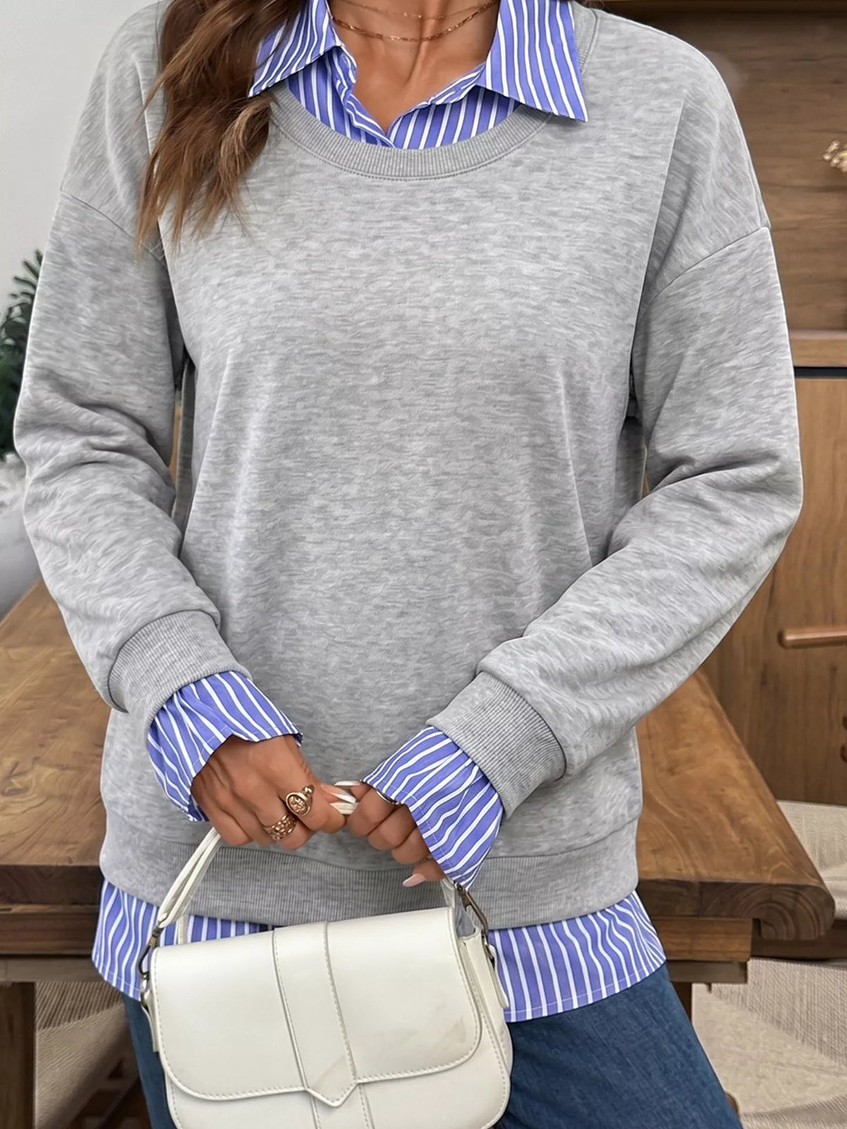Striped Collar 2-in-1 Patchwork Casual Loose Sweatshirt