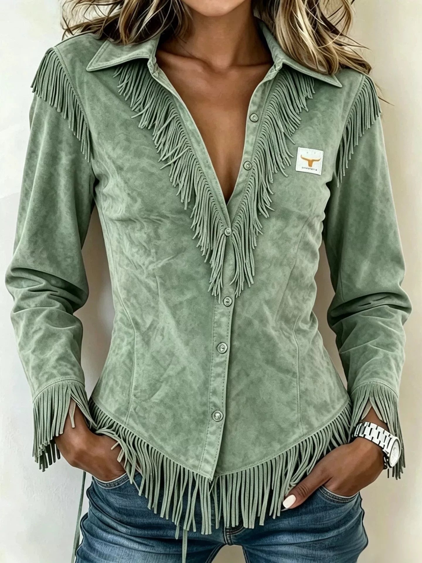 Full Size Fringed Collared Neck Shirt Plus Size