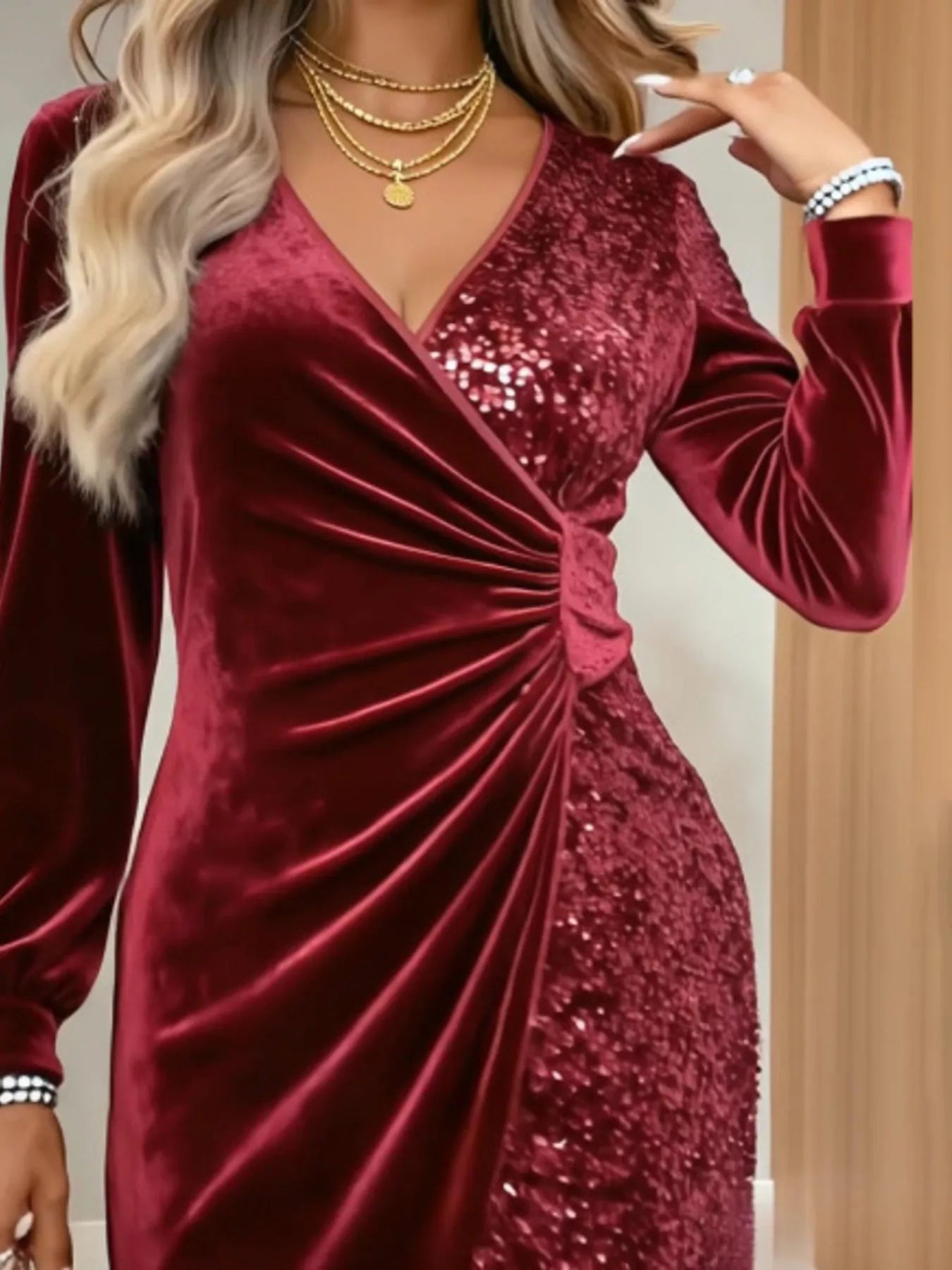 Velvet Sequin Long Sleeve Wrap Dress