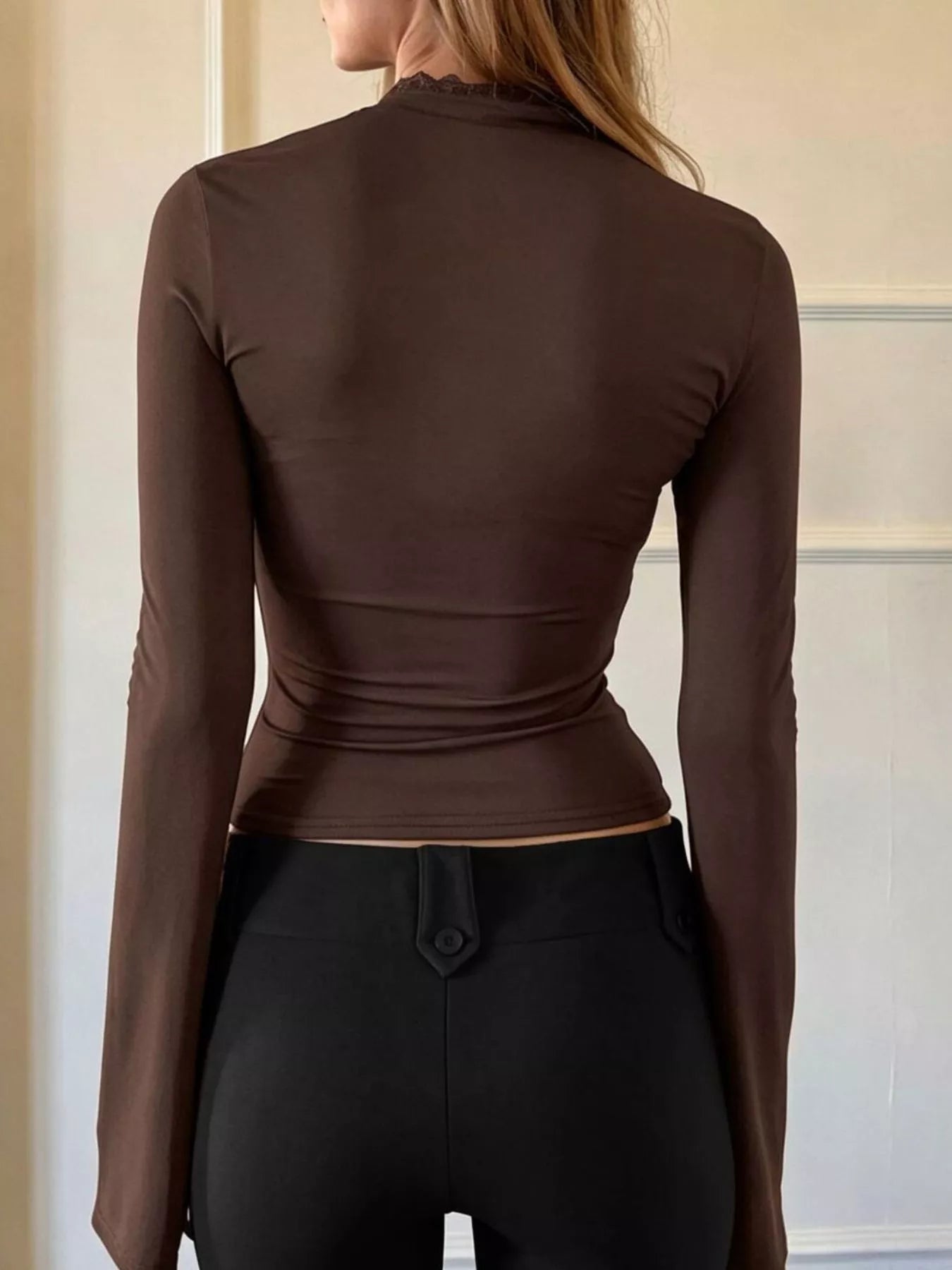 Lace-Trimmed Keyhole Long Sleeve T-Shirt