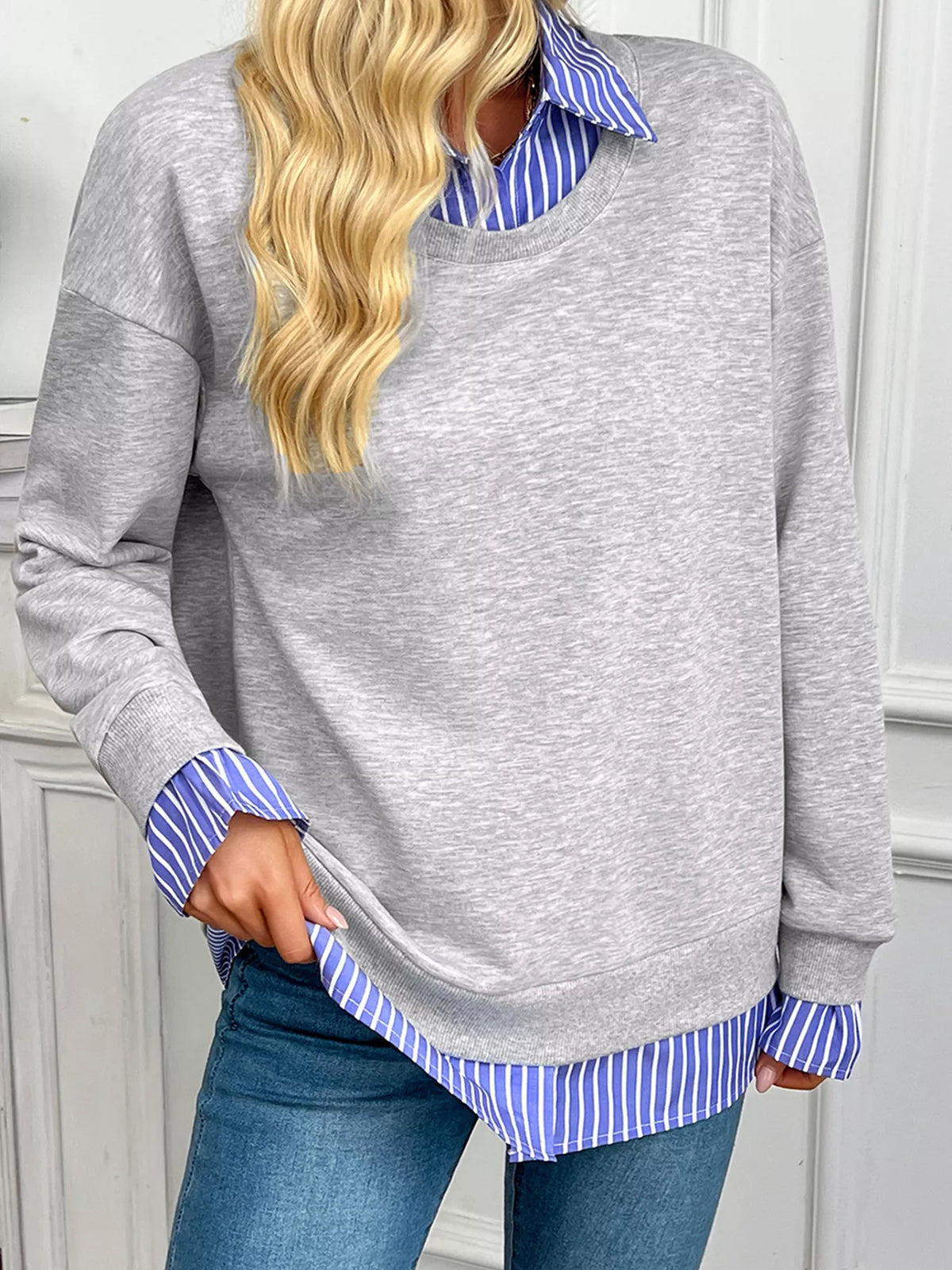 Striped Collar 2-in-1 Patchwork Casual Loose Sweatshirt