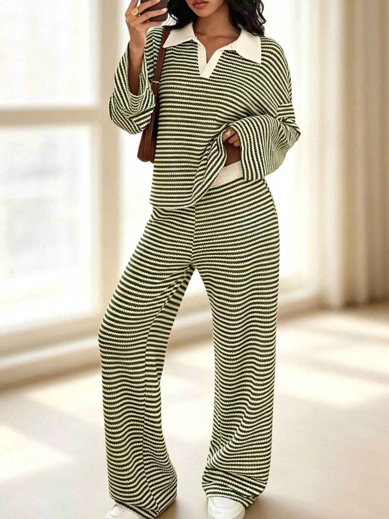 Striped Long Sleeve Polo and Wide-Leg Pants Set