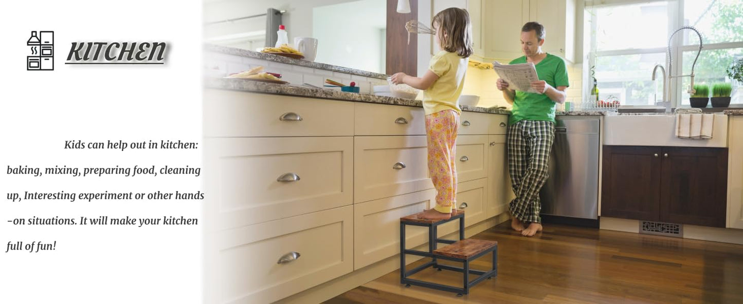 2-Step Stool for Adults & Kids, Heavy-Duty Steel & Wooden, Supports 500lbs, Ideal for Kitchen, Bedroom, Bathroom