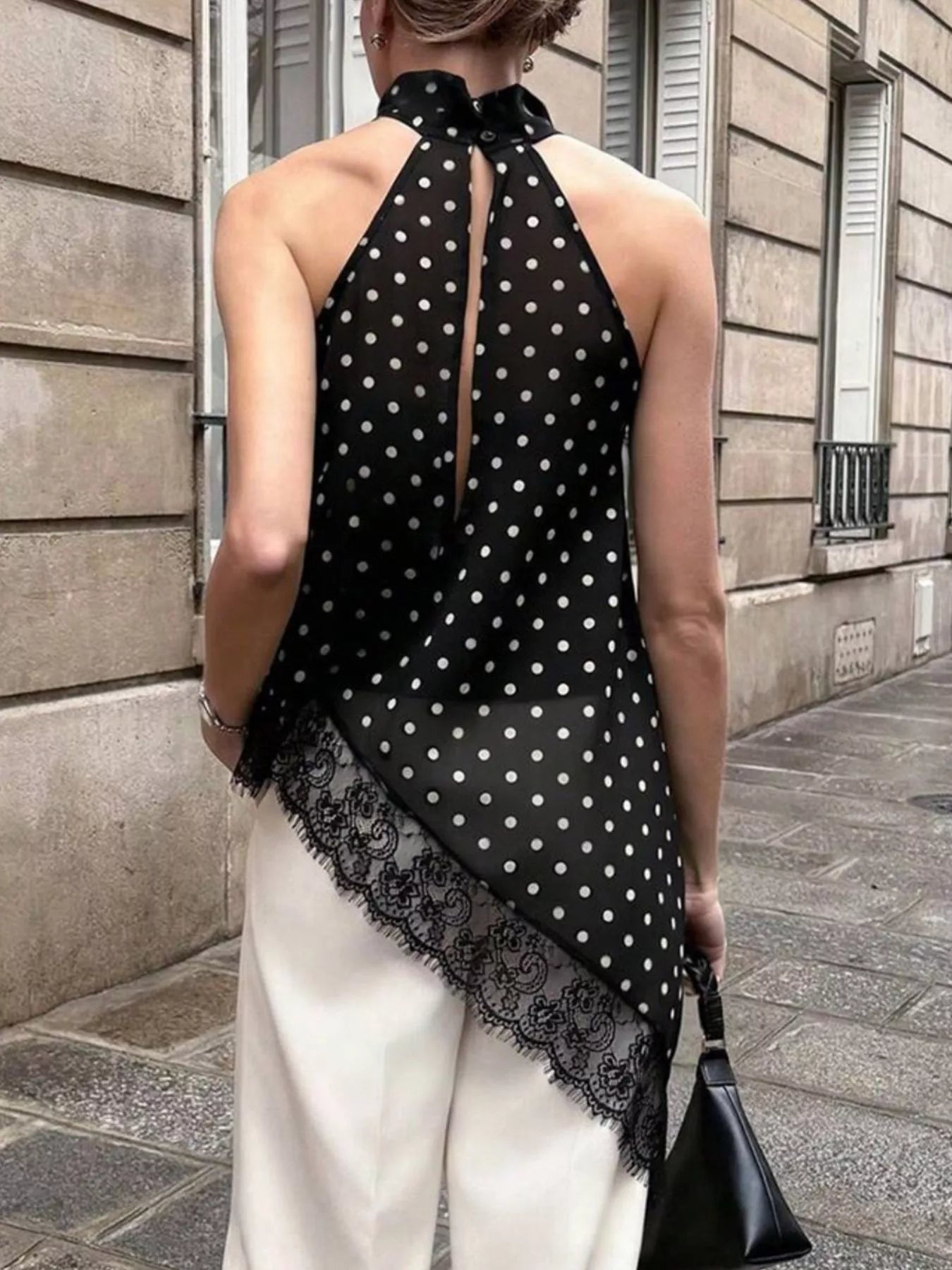 Polka Dot Lace Trim Asymmetrical Hem Sleeveless Blouse