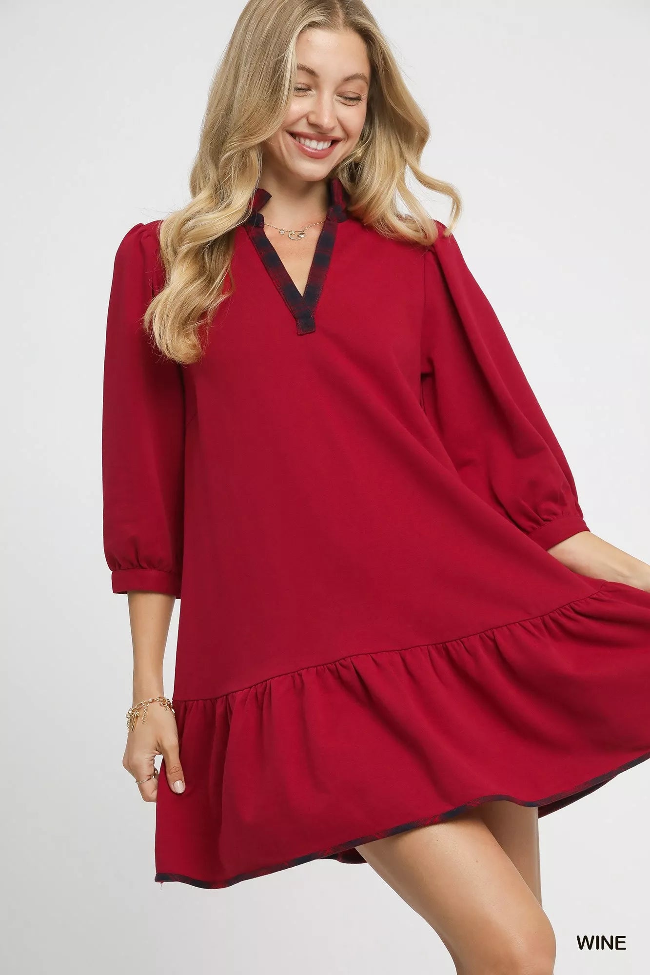 Umgee French Terry Ruffle Hem Dress with Plaid Trim