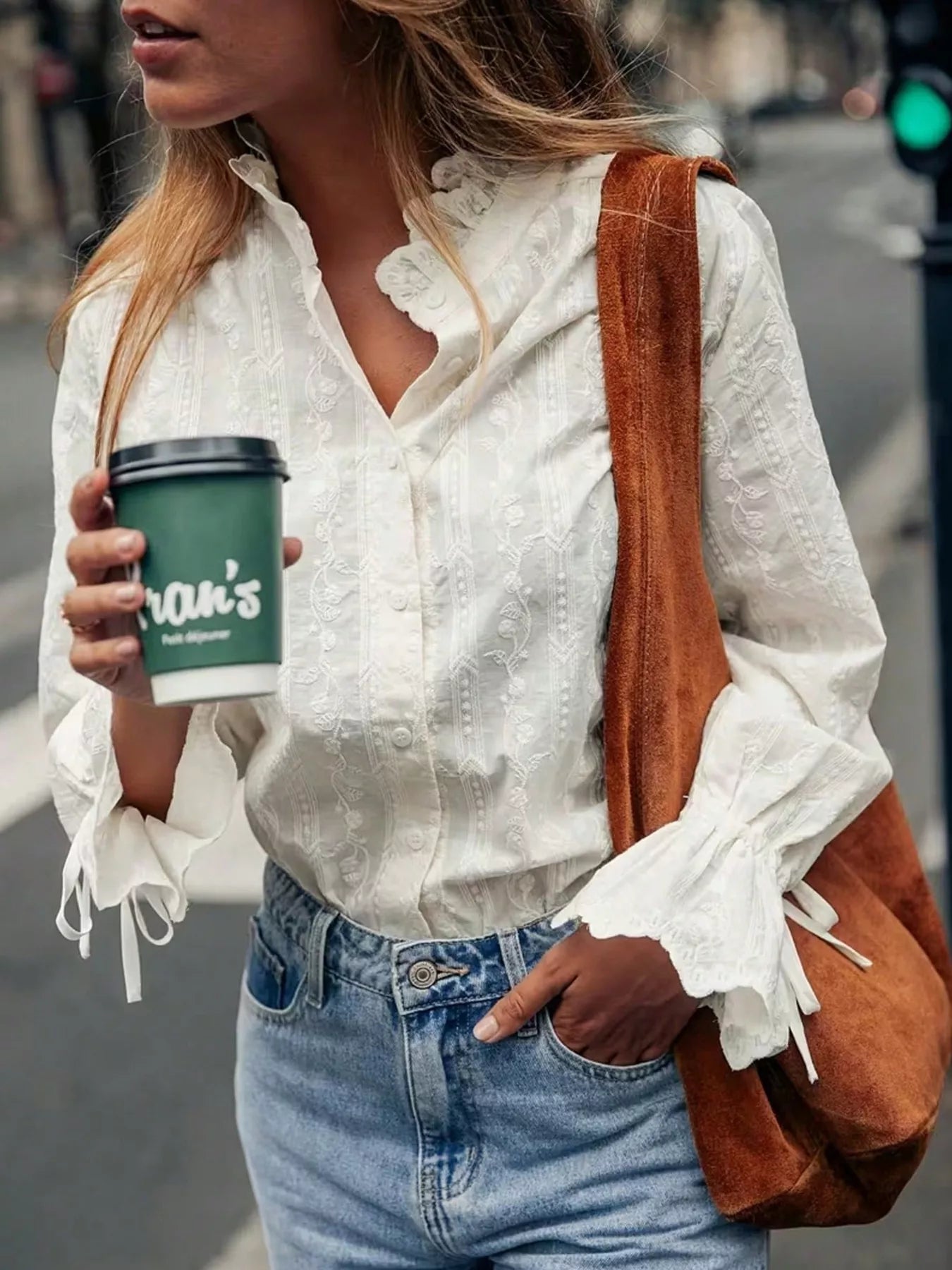 Embroidered Flounce Sleeve Shirt