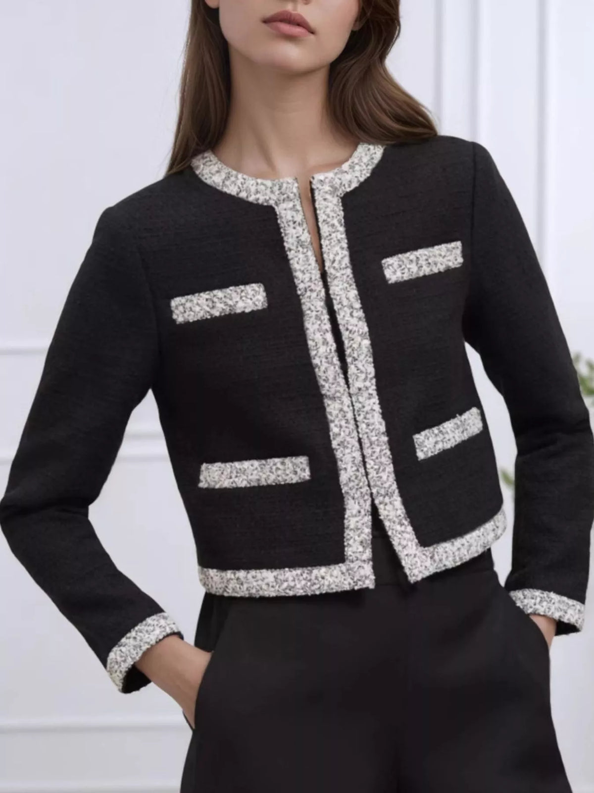 Tweed Trim Open Front Outerwear