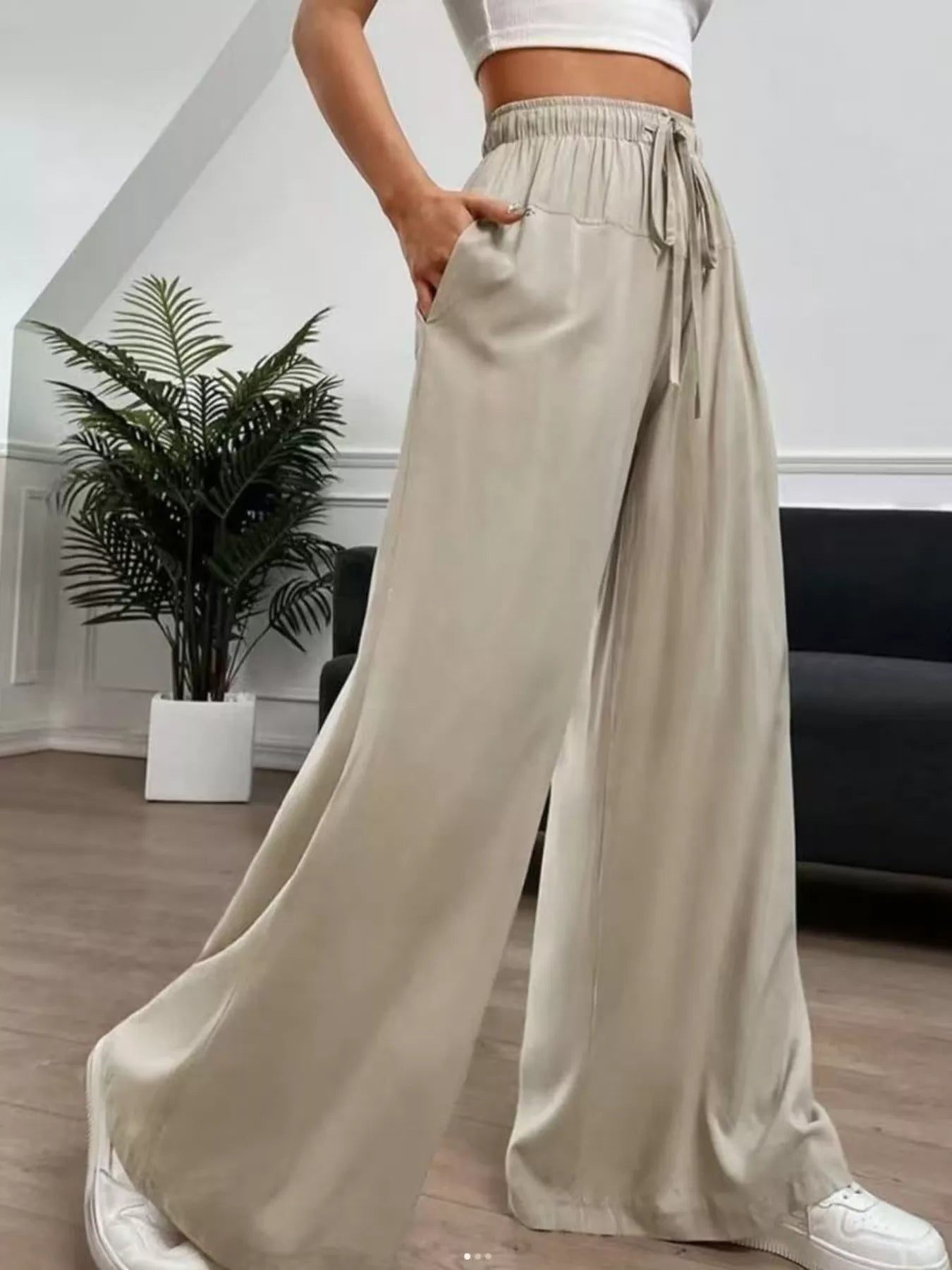 Wide-Leg Drawstring Casual Pants