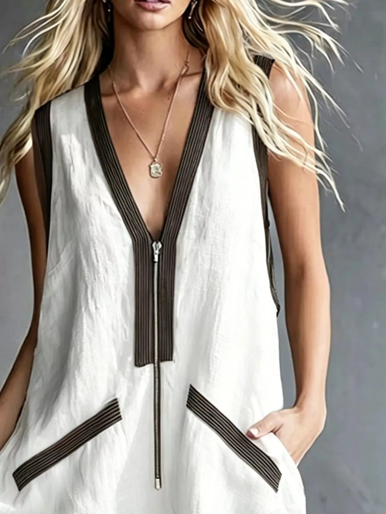 V-Neck Zipper Front Romper with Contrast Trim
