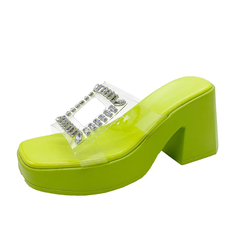 Rhinestone Open Toe Block Heels Sandals