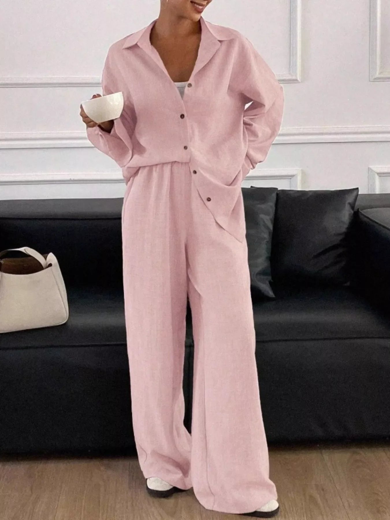 Button Up Long Sleeve Shirt and Wide Leg Pants Set