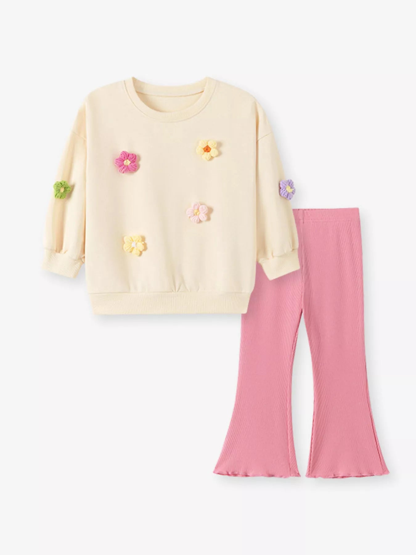 Children's Floral Applique Crewneck Sweatshirt and Ribbed Flare Pants Set