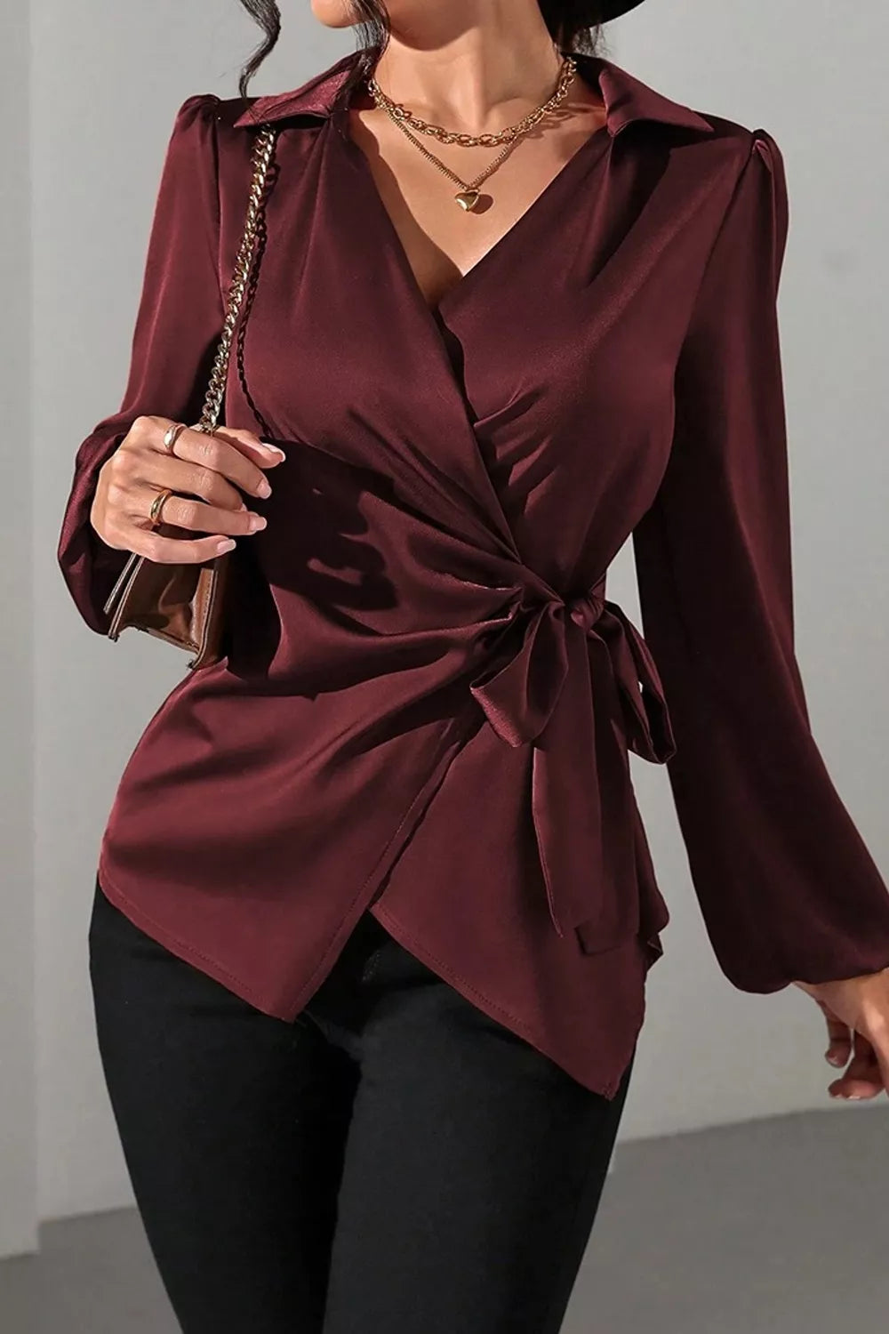 Satin Tied Detail Long Sleeve Blouse