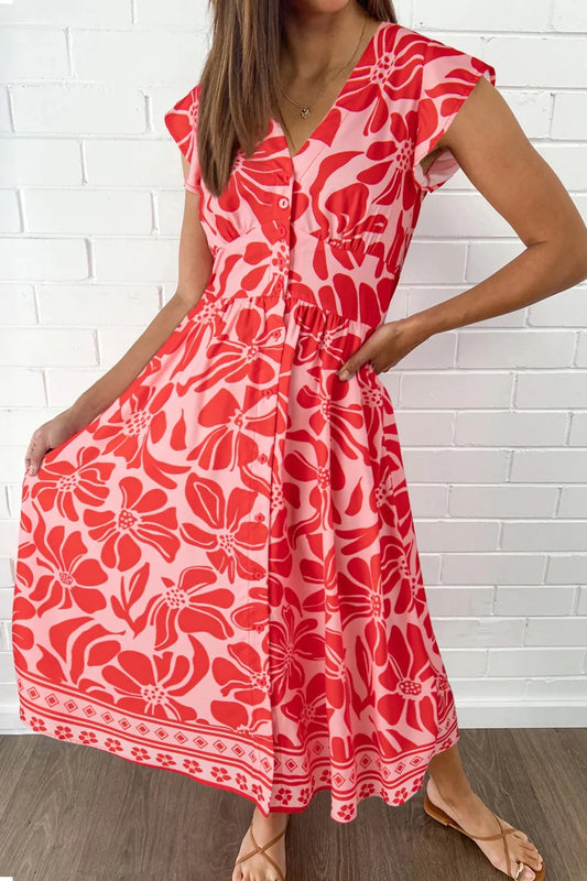 Floral  Ruffled V-Neck Midi Dress with Button Front