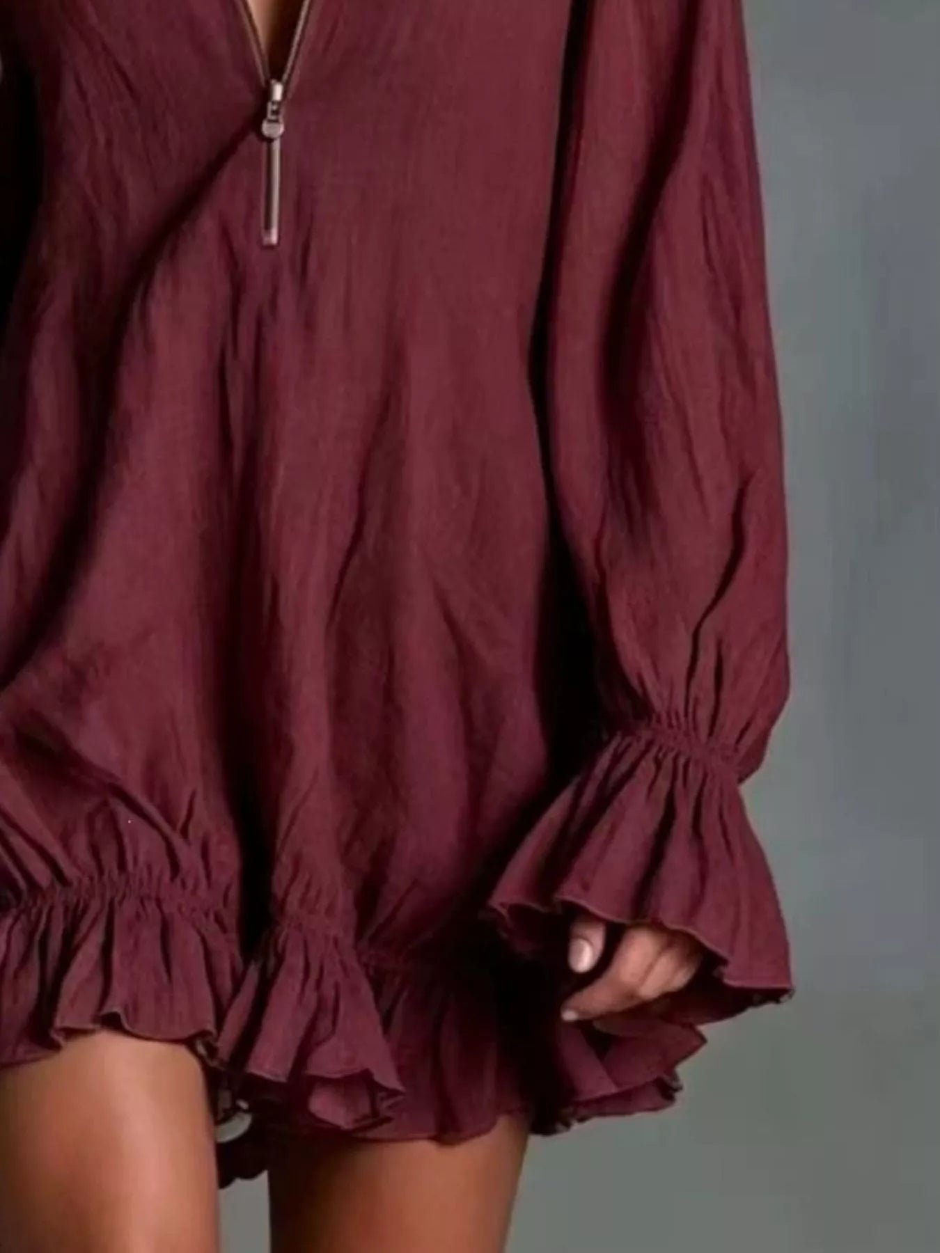 Zipper Front Ruffle Hem Flounce Sleeve Mini Dress