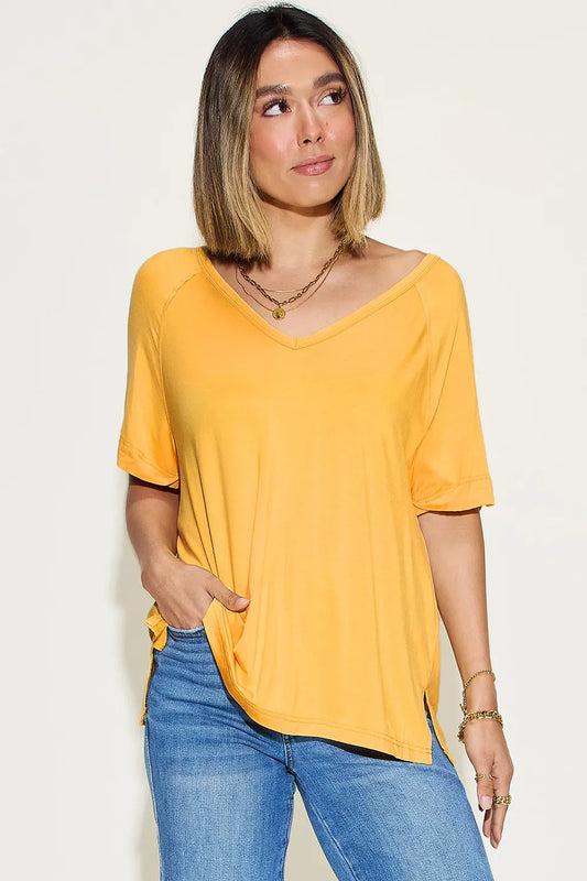 Basic Bae Full Size Bamboo Slit V-Neck Short Sleeve T-Shirt