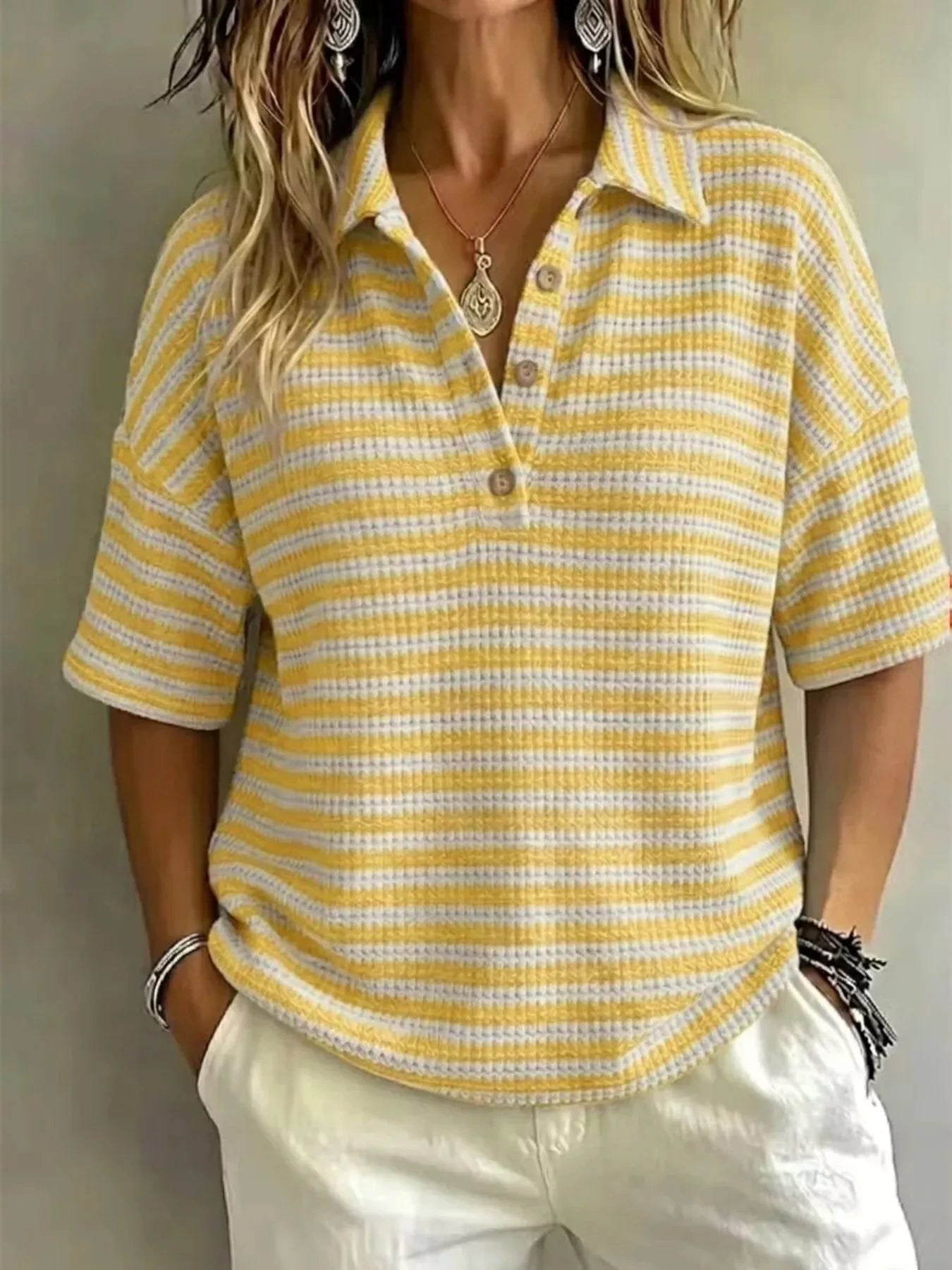Full Size Contrast Striped Knit Polo Shirt Plus Size