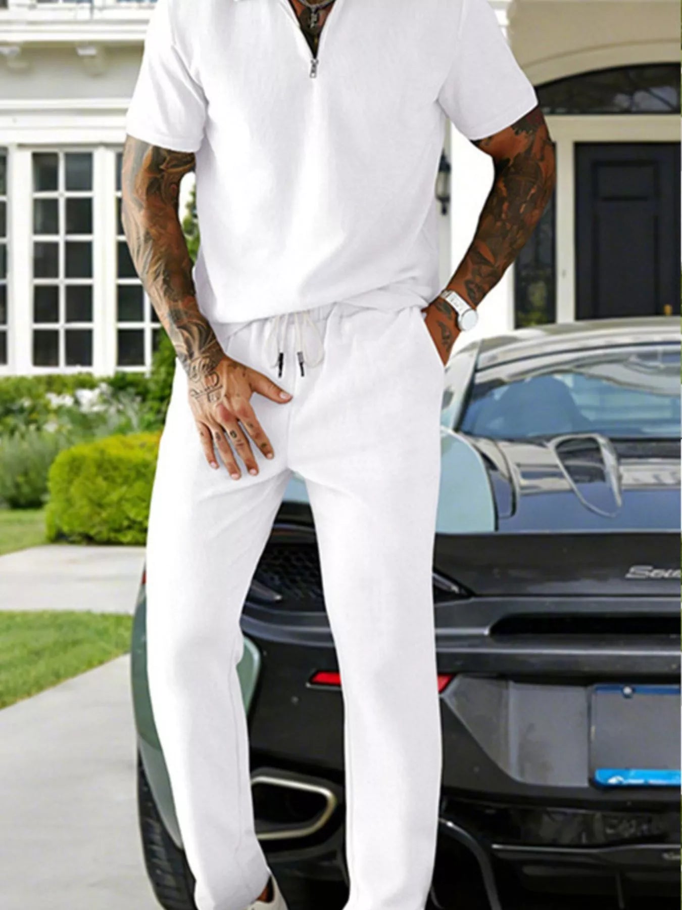 Men's Full Size Casual Zipper Polo Shirt and Drawstring Pants Set Plus Size