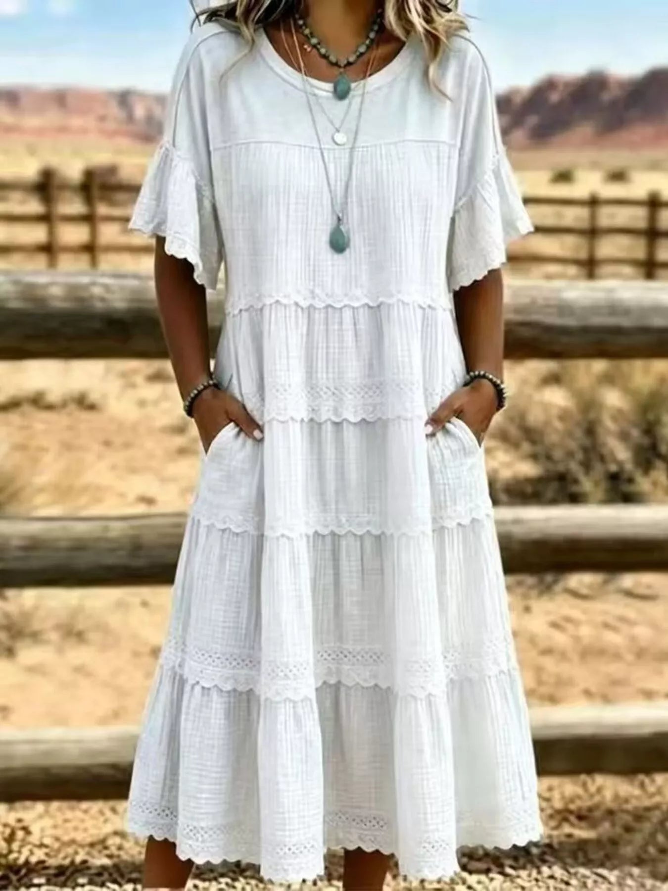 Full Size Tiered Ruffle Sleeve Midi Dress with Pockets Plus Size