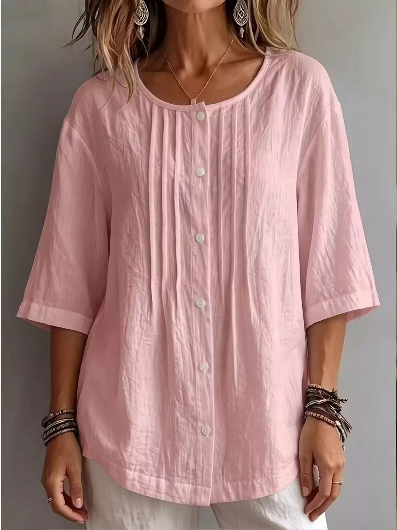 Full Size Texture Round Neck 3/4 Sleeve Blouse Plus Size