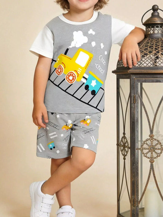 Children's Train Print Short Sleeve Tee and Shorts Set