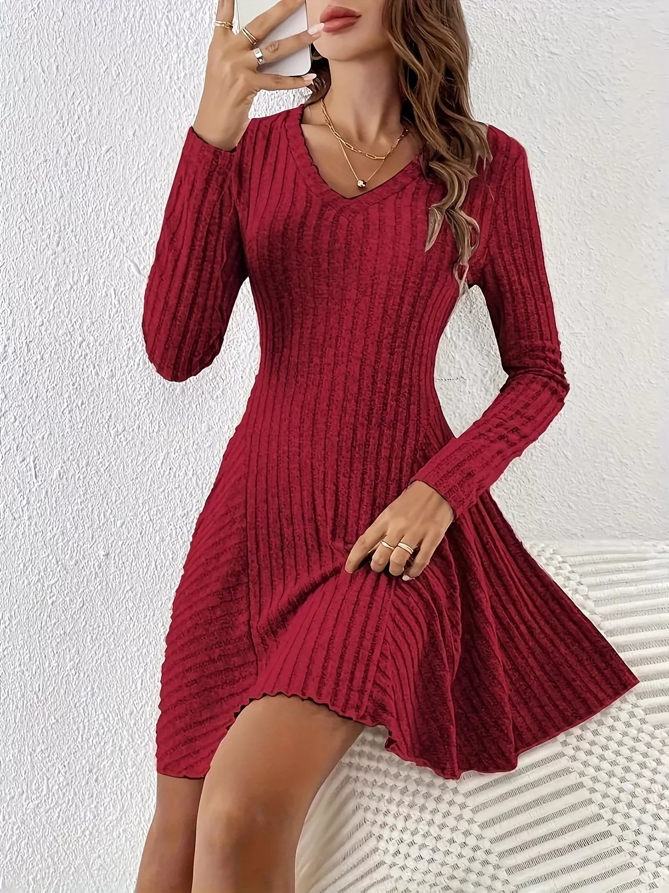 V-Neck Ribbed Knit Flared Knit Dress