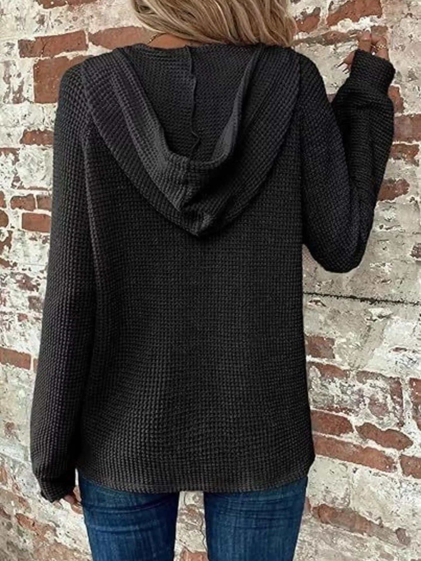 Full Size Waffle Knit Half-Button Hoodie Plus Size