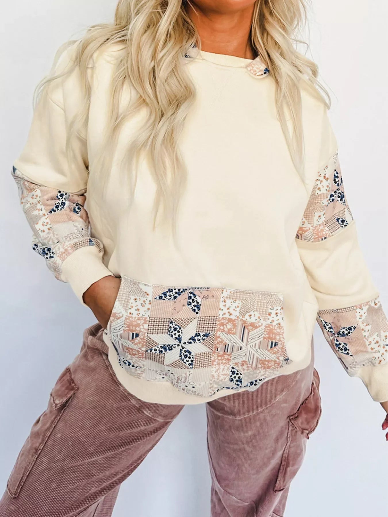 Geo Pattern Patchwork Hoodie with Kangaroo Pocket