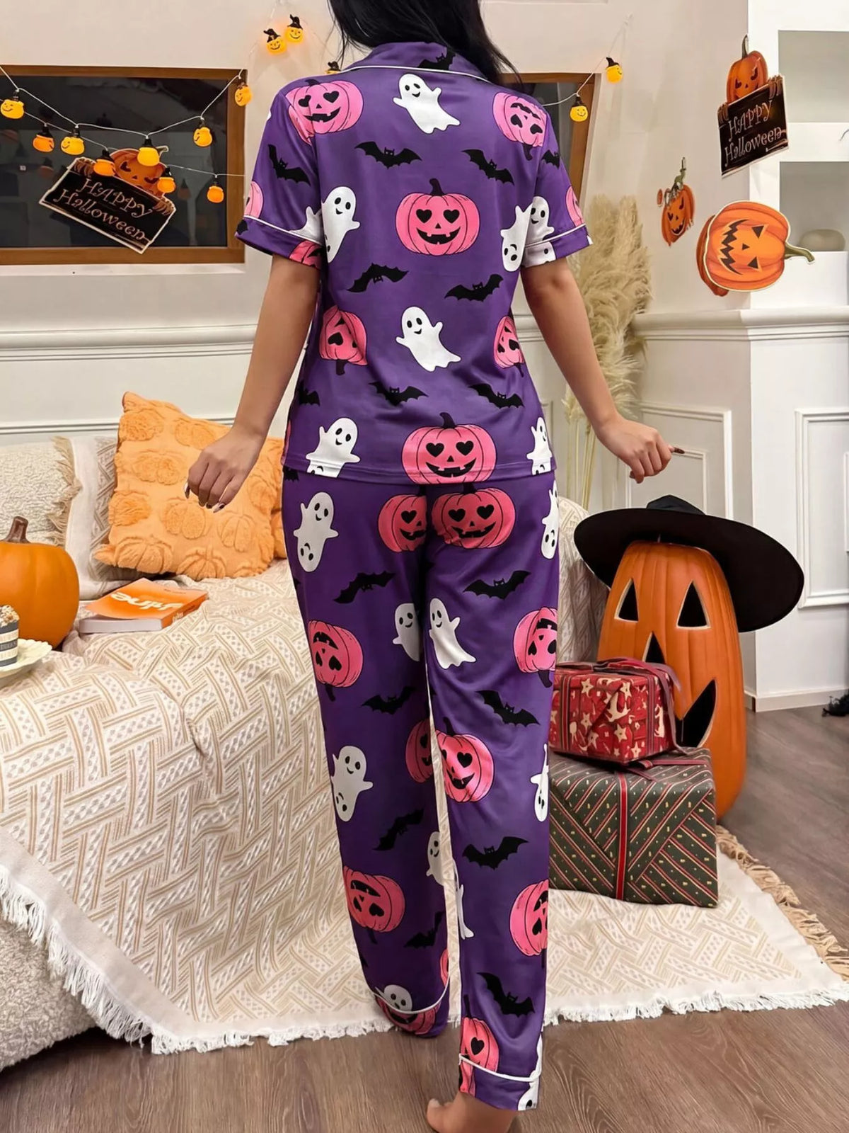 Halloween Pumpkin Print Button-Down Top and Pants Set