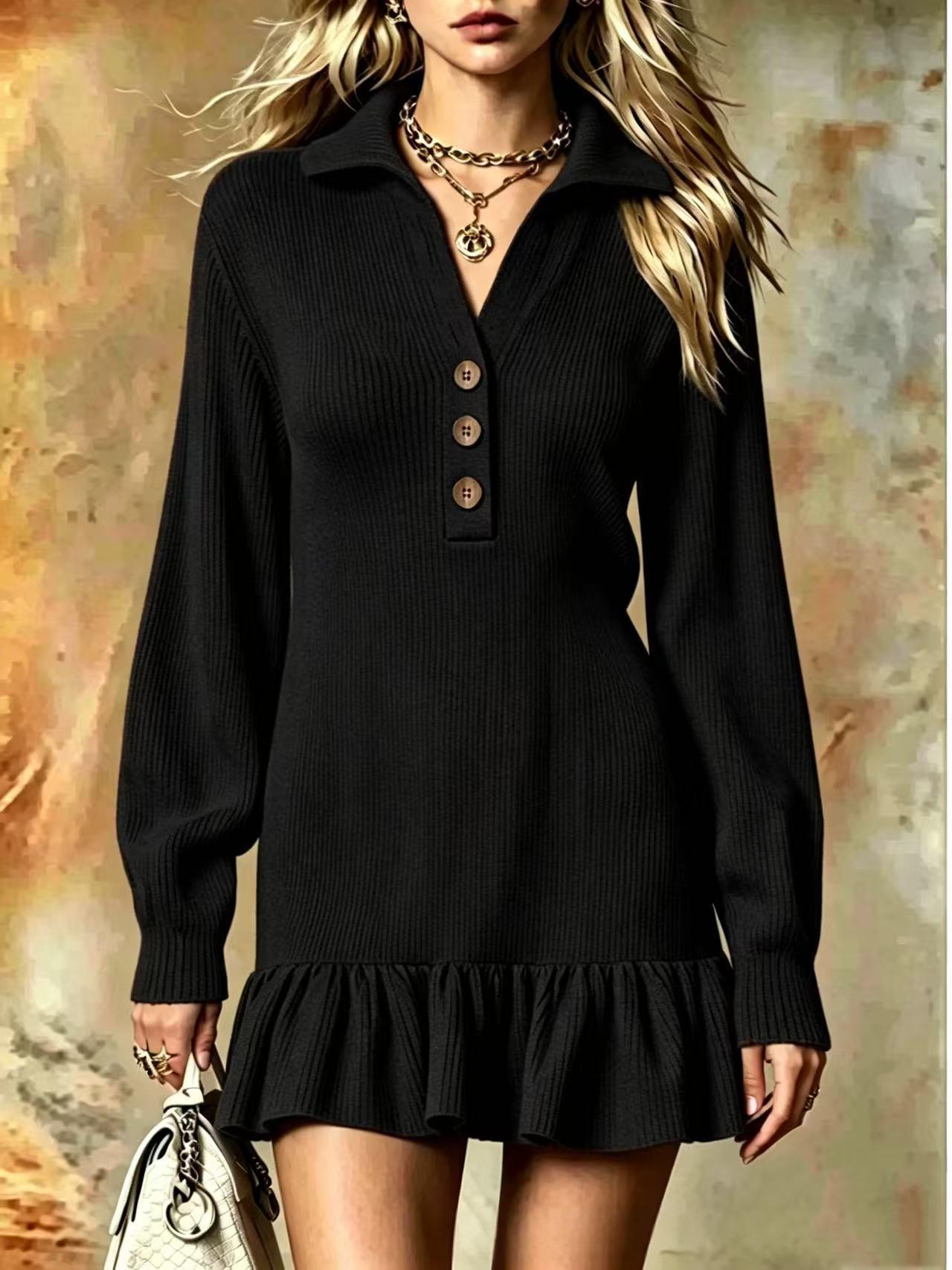 Ribbed Knit Polo Dress | Ruffle Hem Mini | Button-Neck Long Sleeve Dress
