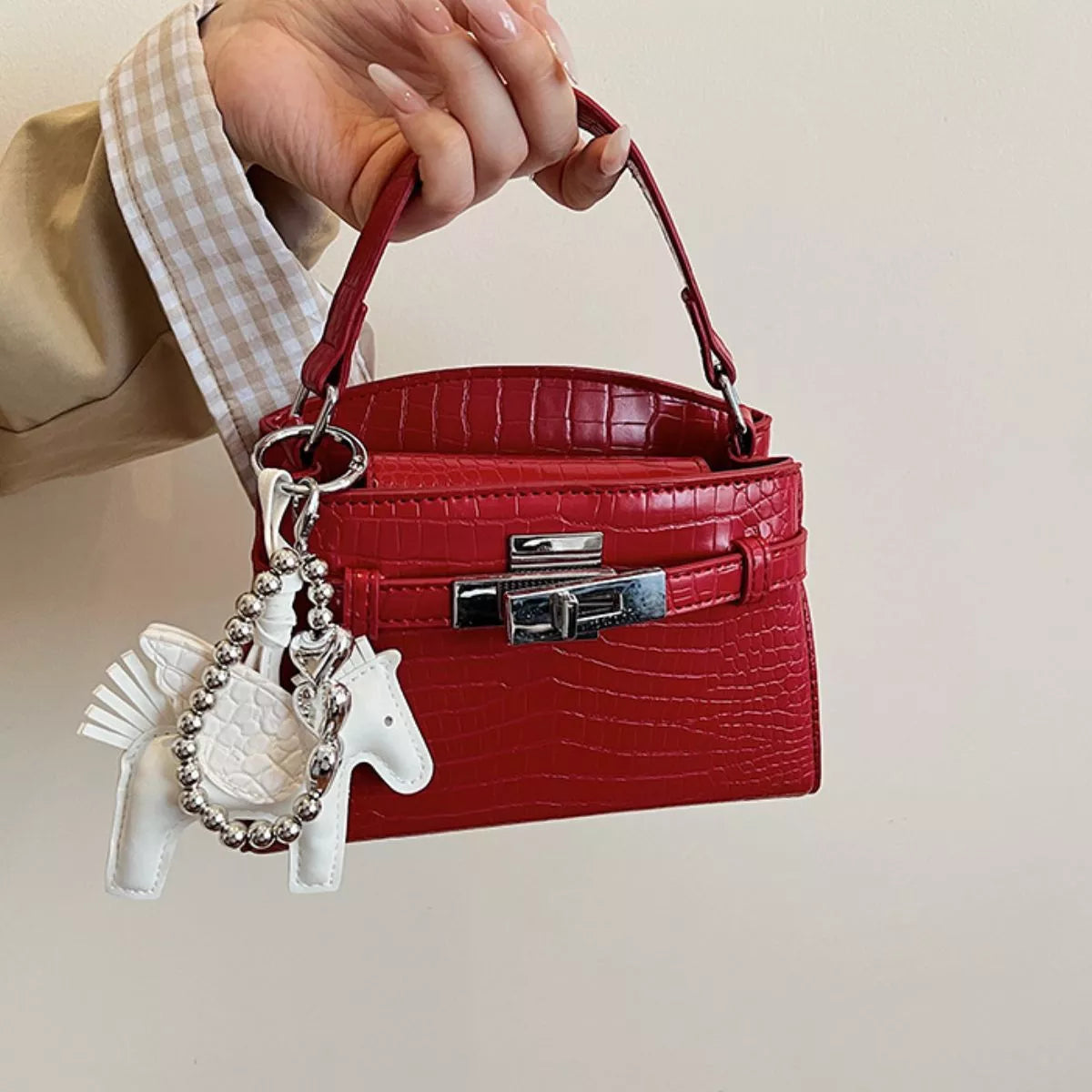 Crocodile-Embossed Top-Handle Handbag