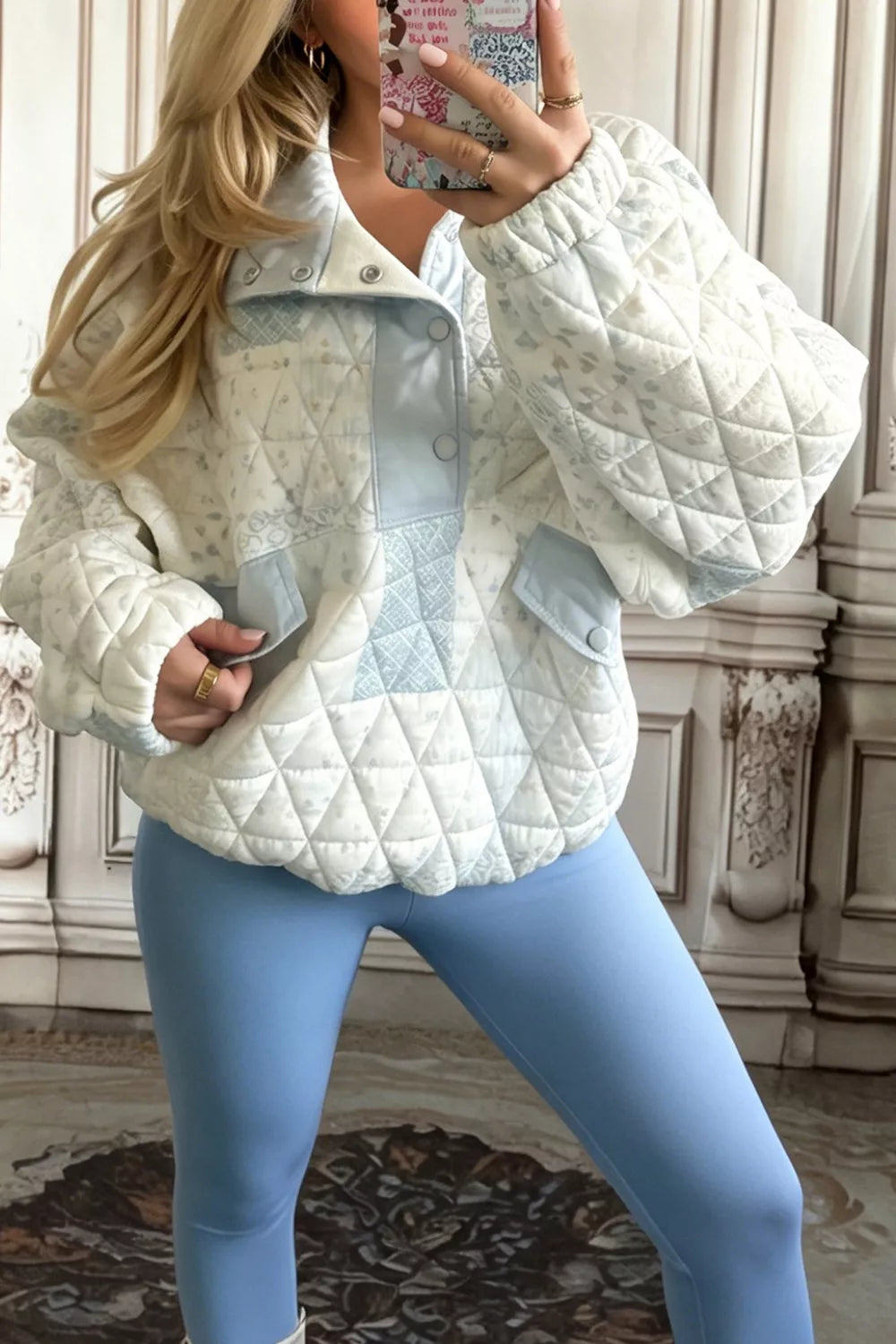 Patchwork Quilted Snap-Neck Sweatshirt