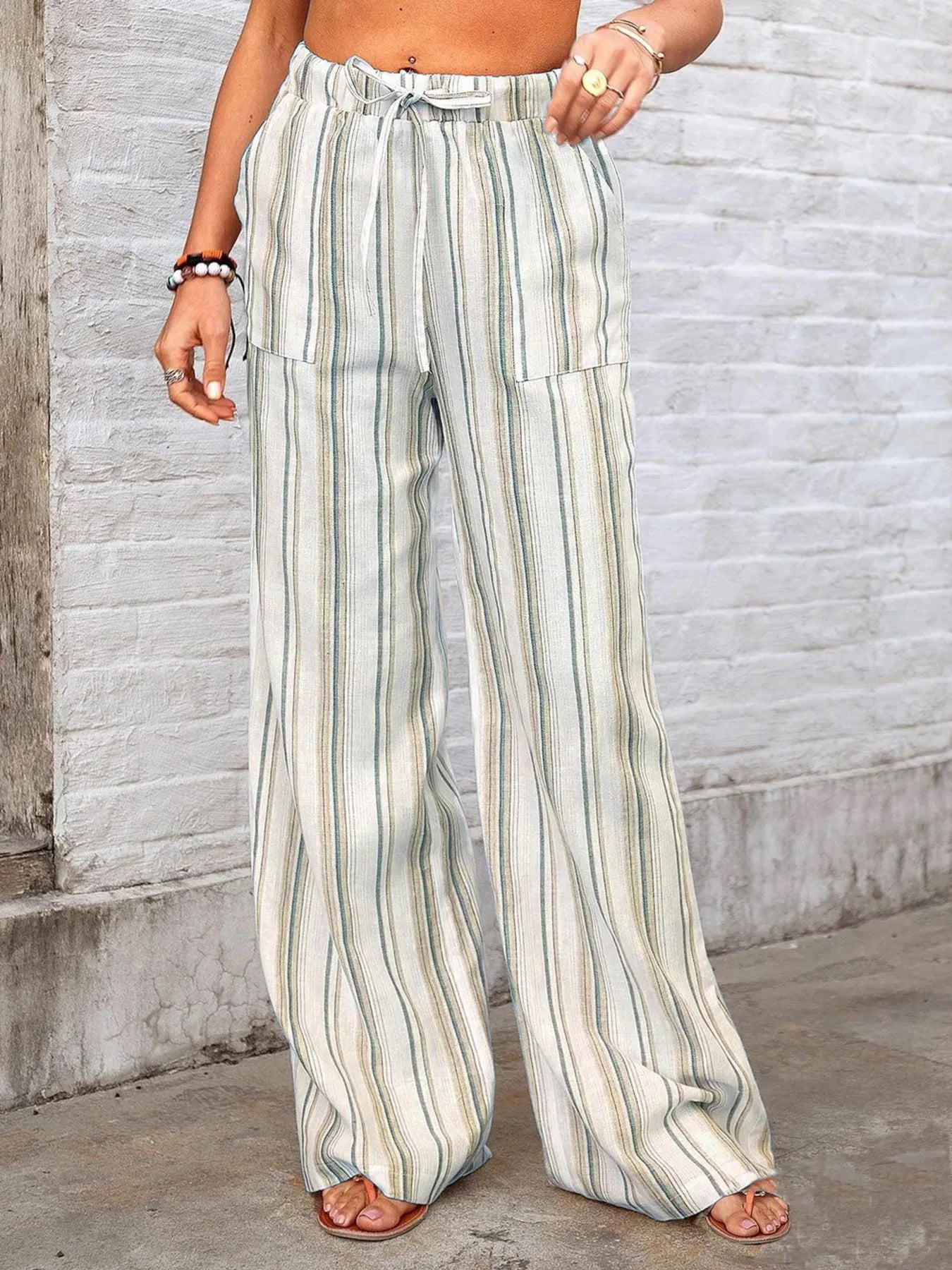 Full Size Striped Wide Leg Pants Plus Size