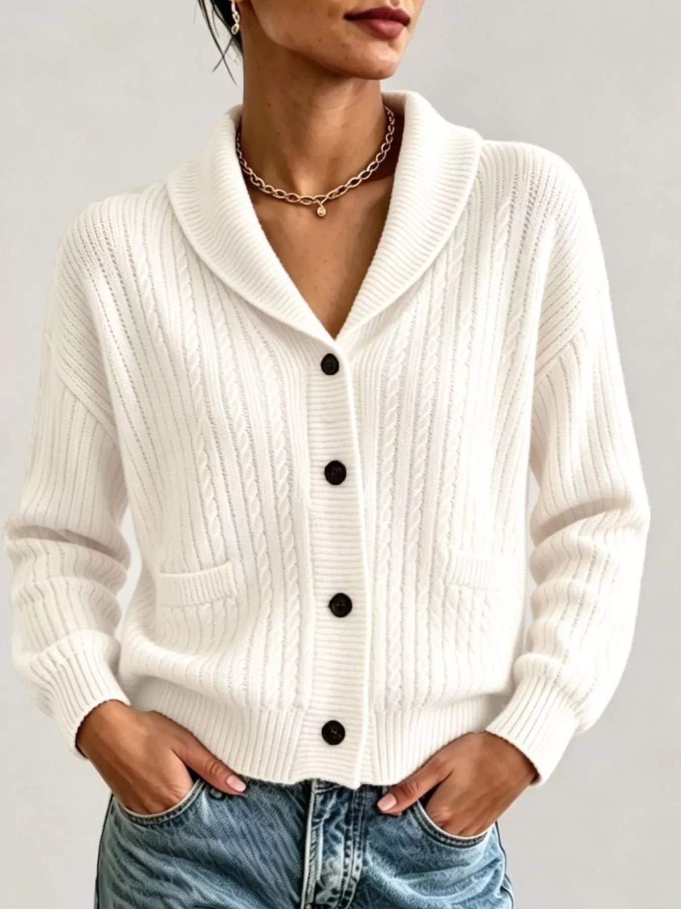 Full Size Shawl Collar Cable Knit Cardigan Plus Size