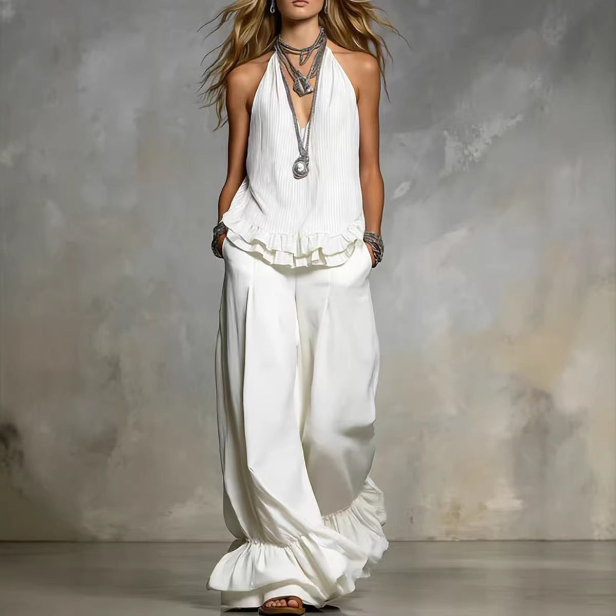 Women's V-Neck Ruffle-Trim Puff-Sleeve Two-Piece Set