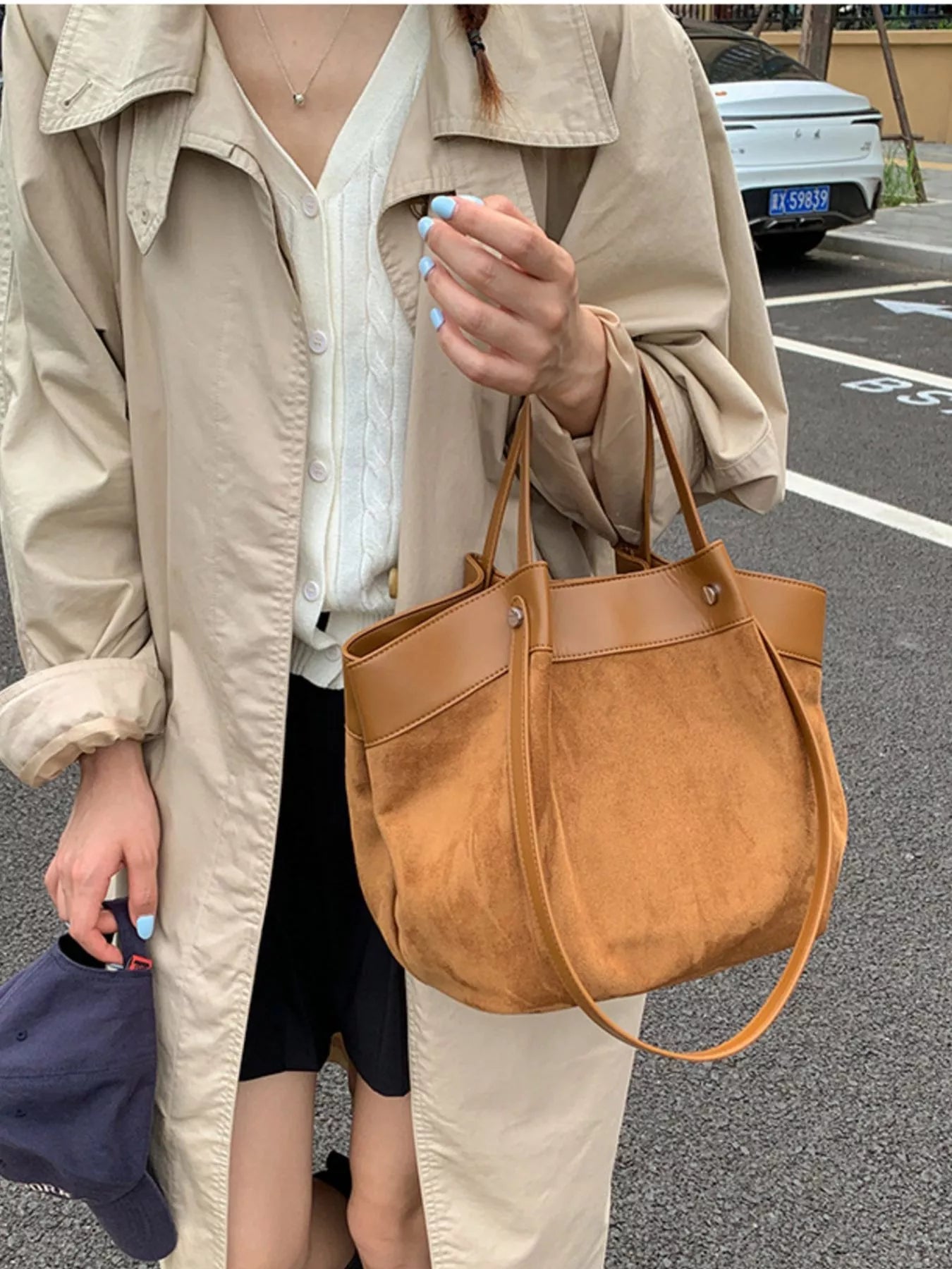 Suede and Leather Trim Shoulder Bag