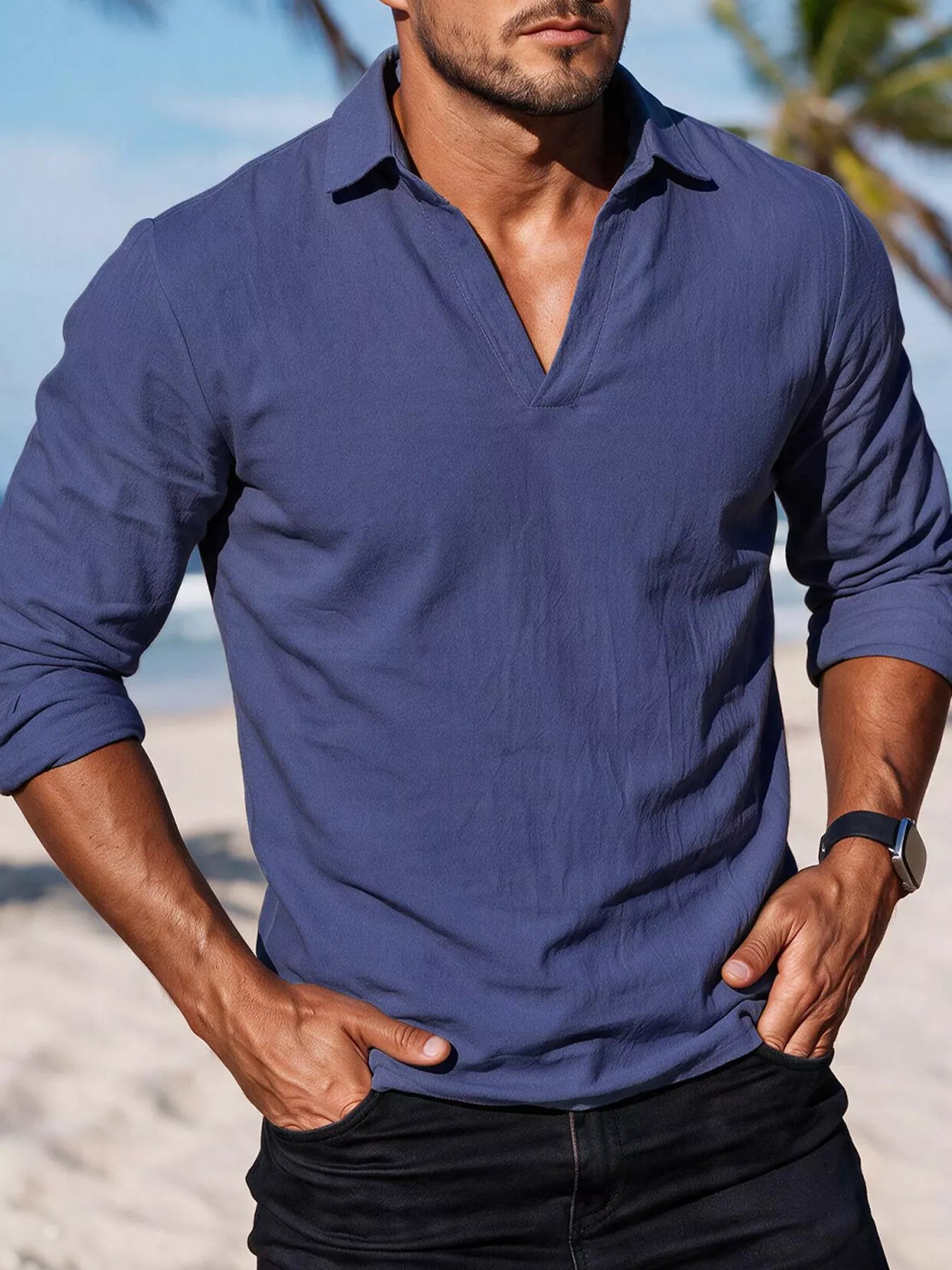 Men's Full Size Casual Long Sleeve Linen-Blend Shirt Plus Size