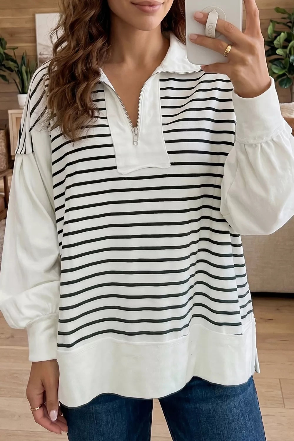 Stripe Color Block Long Puff Sleeve Metal Zip-Up Collar Top