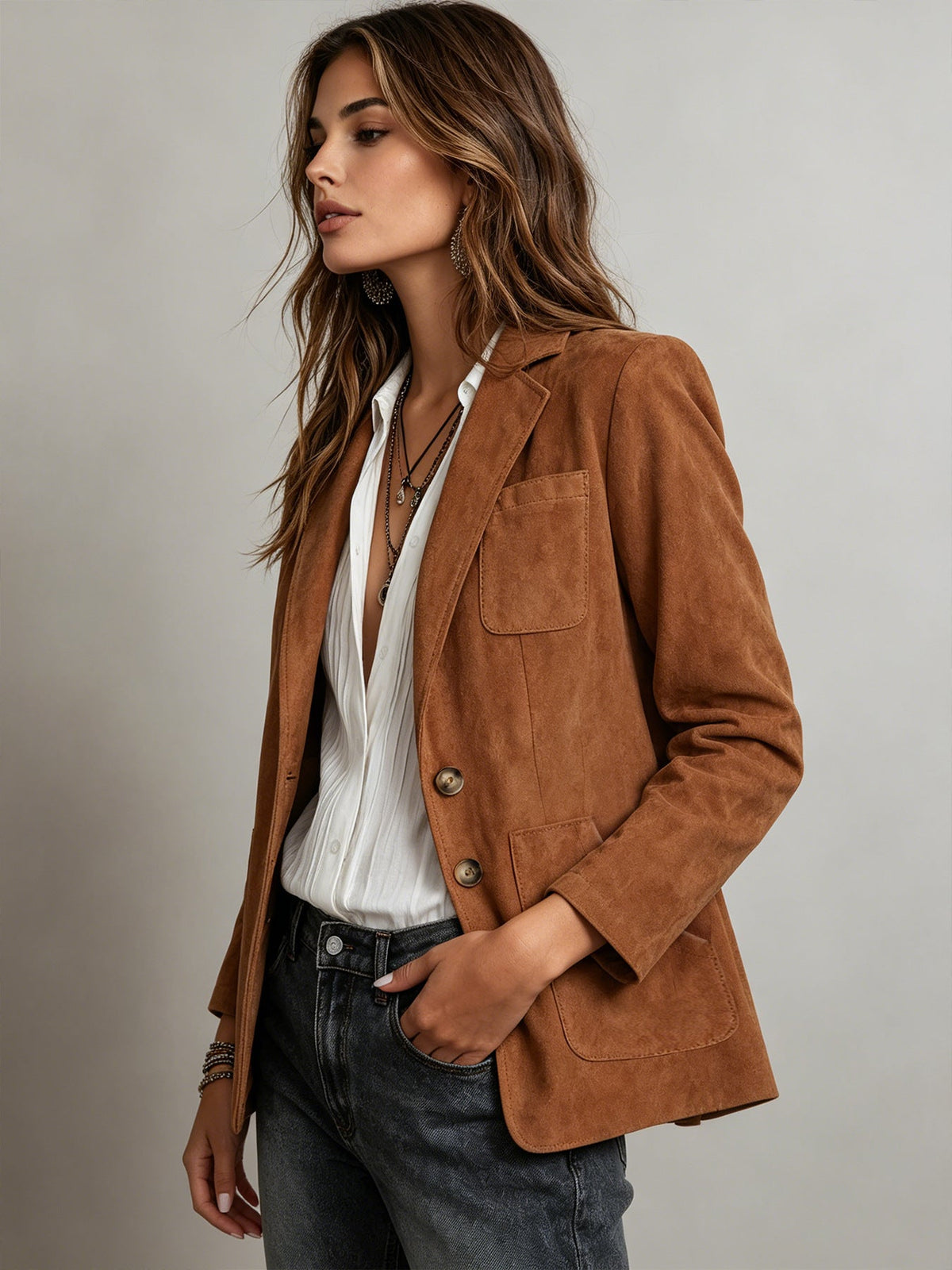 Women's Loose-Fit Faux-Suede Lapel Blazer