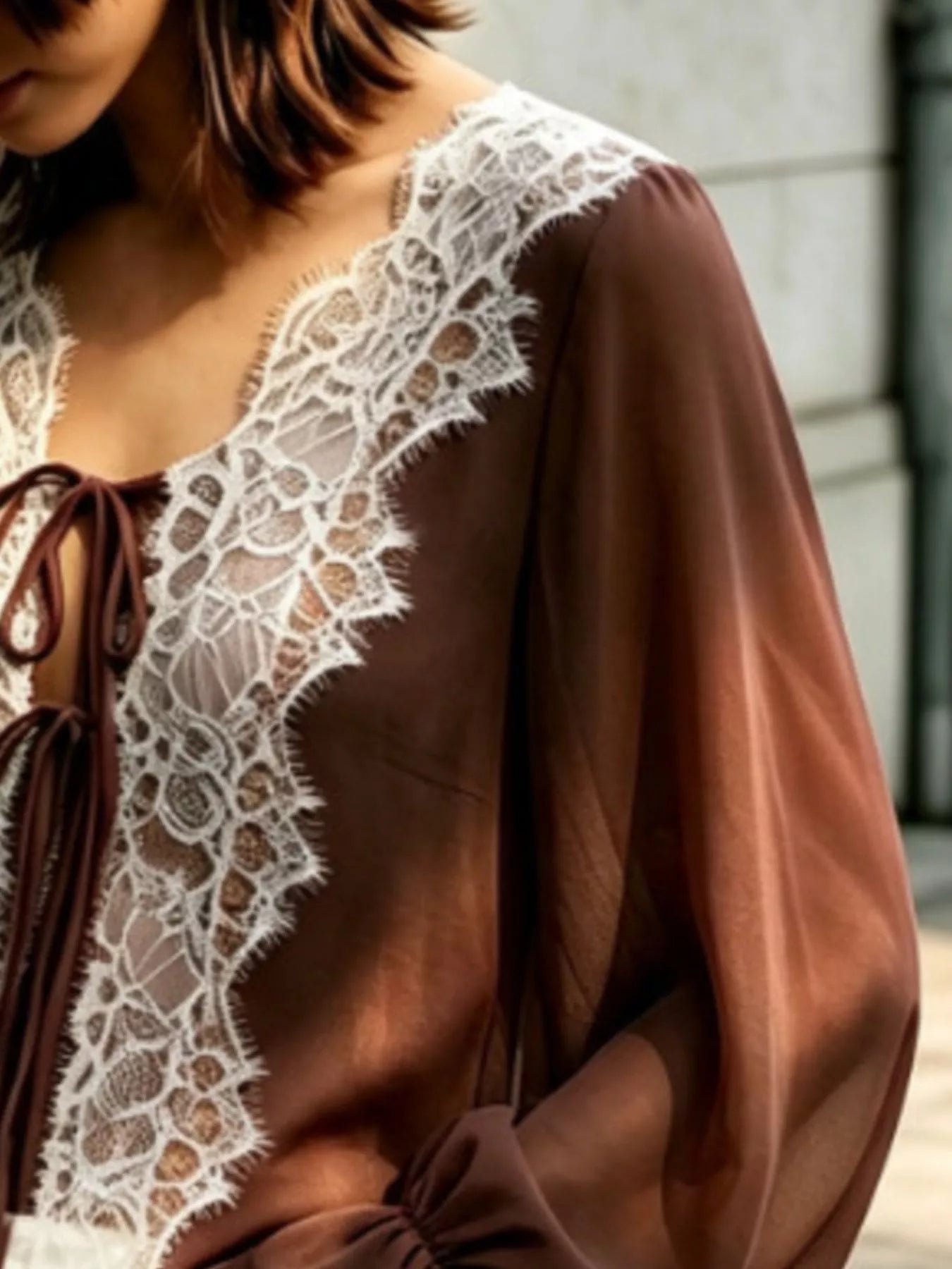 Sheer Lace-Trimmed Front Tie Blouse