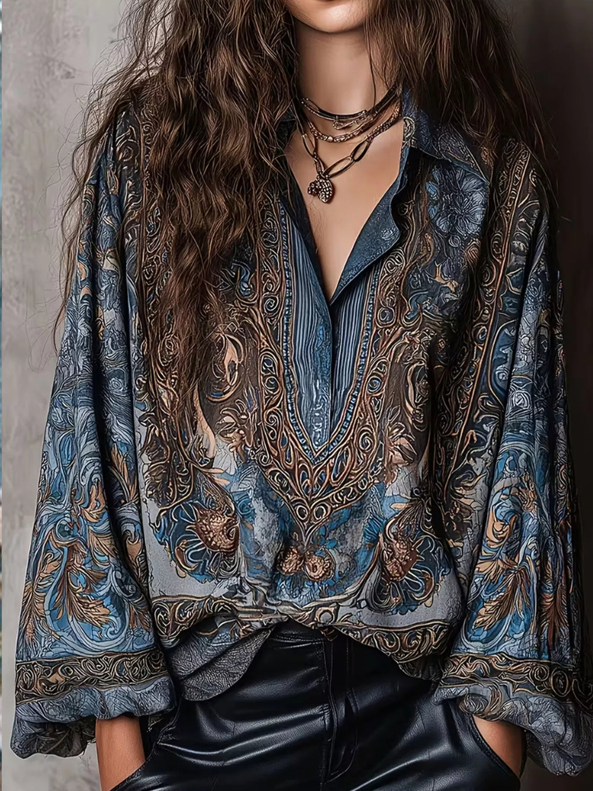 Full Size Vintage Print Long Sleeve Oversized Blouse Plus Size