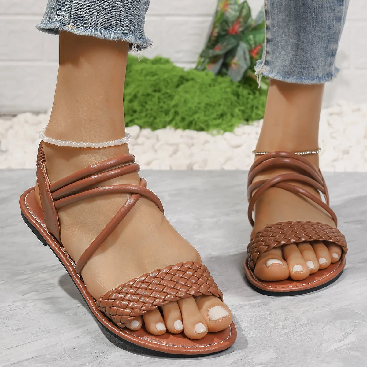 Braided Ankle Strap Flat Sandals