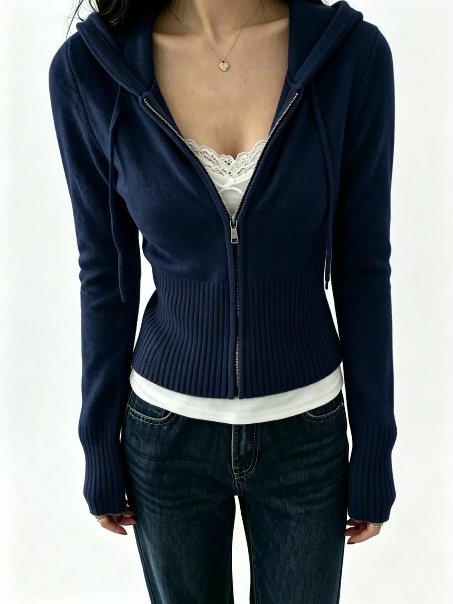 Zip-Up Cropped Hooded Cardigan