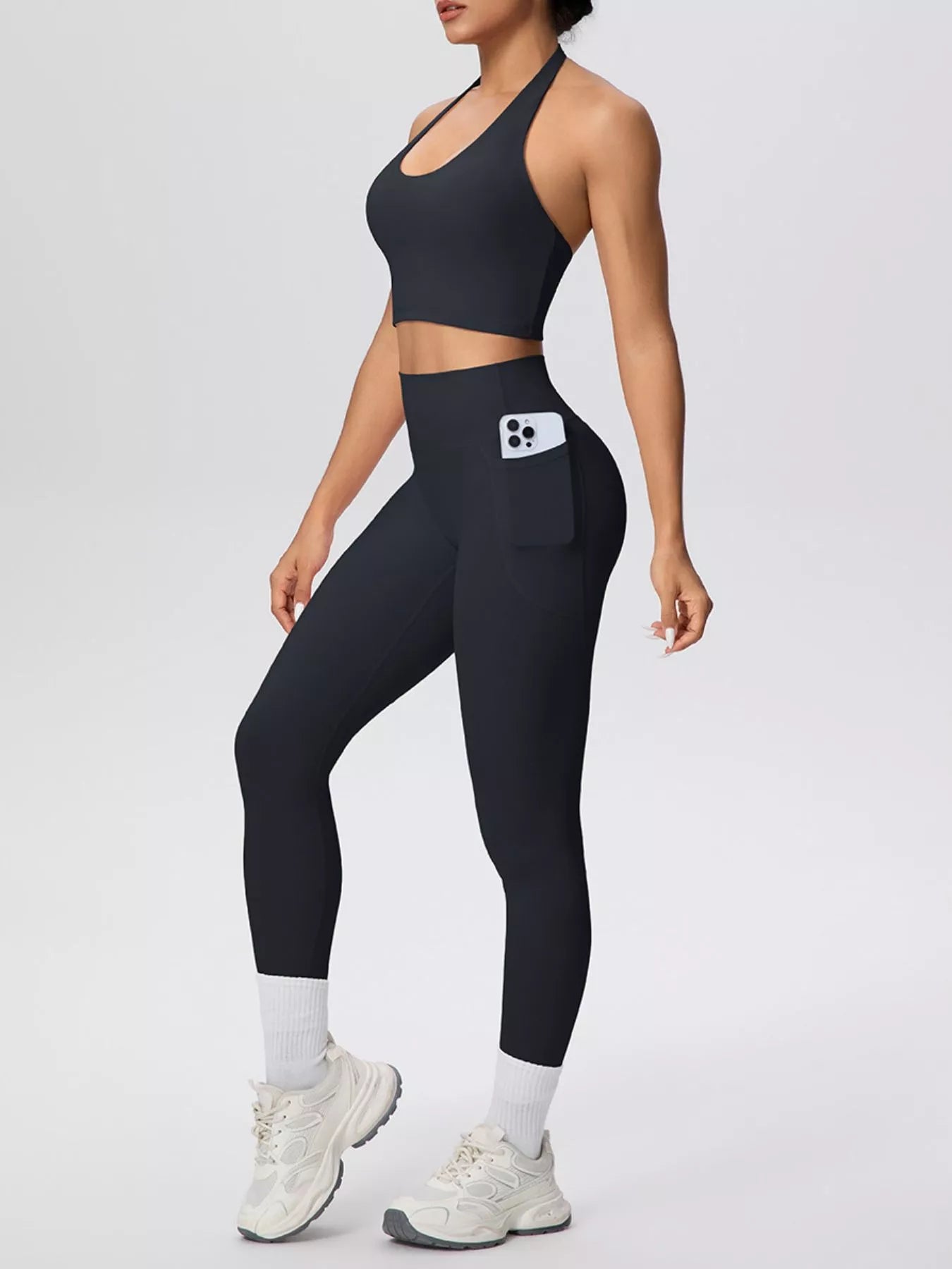 Halter Neck Crop Top and High-Waisted Leggings Active Set